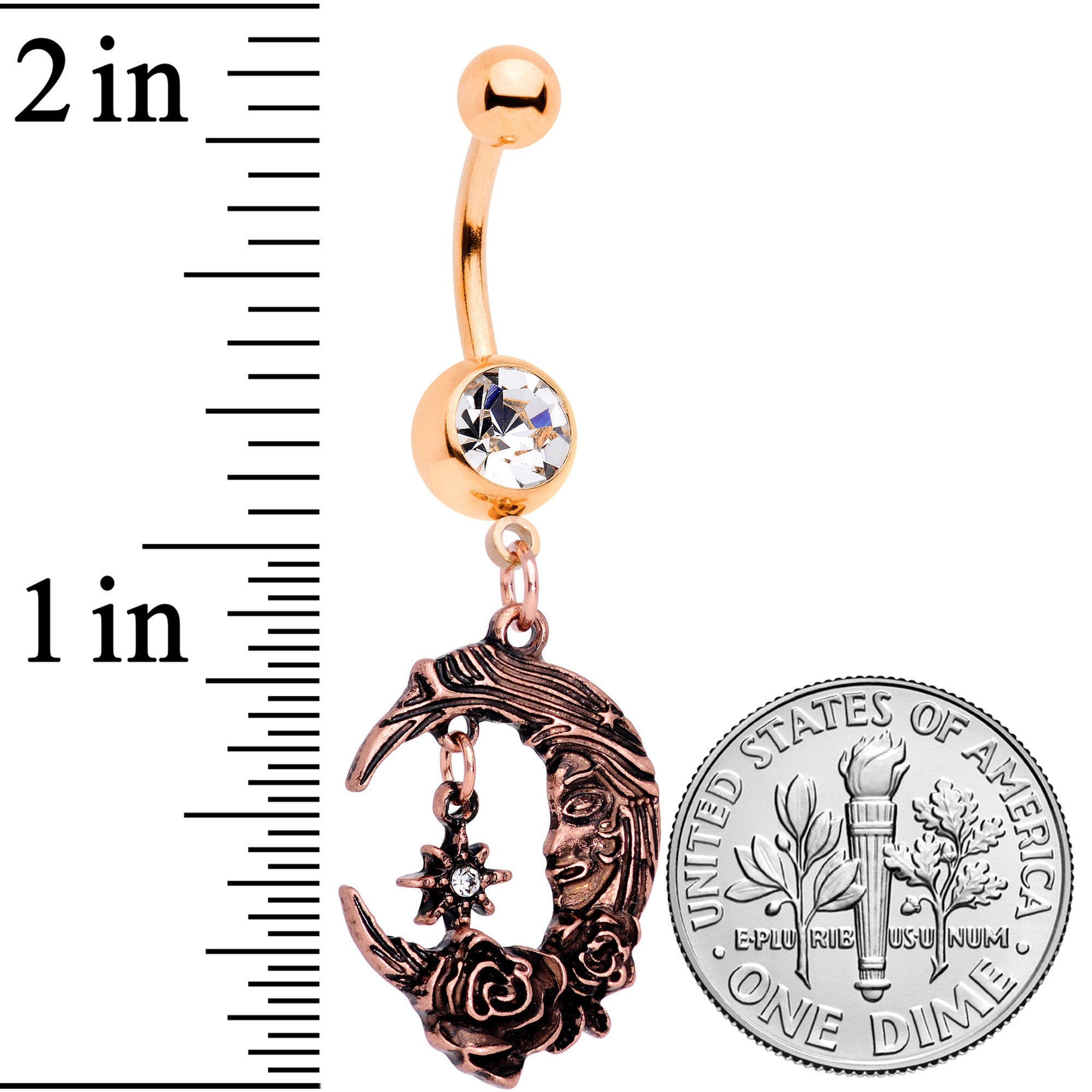 Clear Gem Rose Gold Tone Starry Moon Rose Dangle Belly Ring