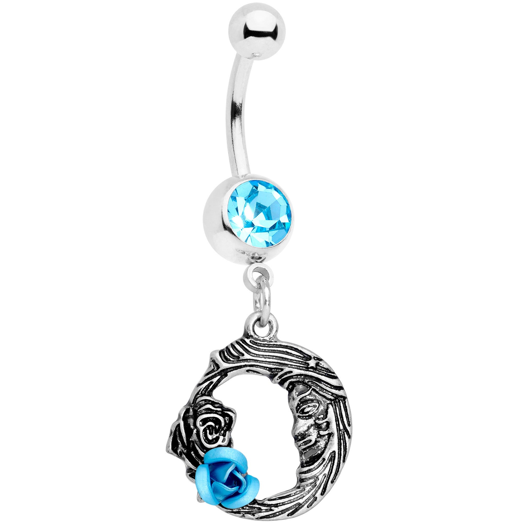 Aqua Gem Rose Flower Moon Dangle Belly Ring