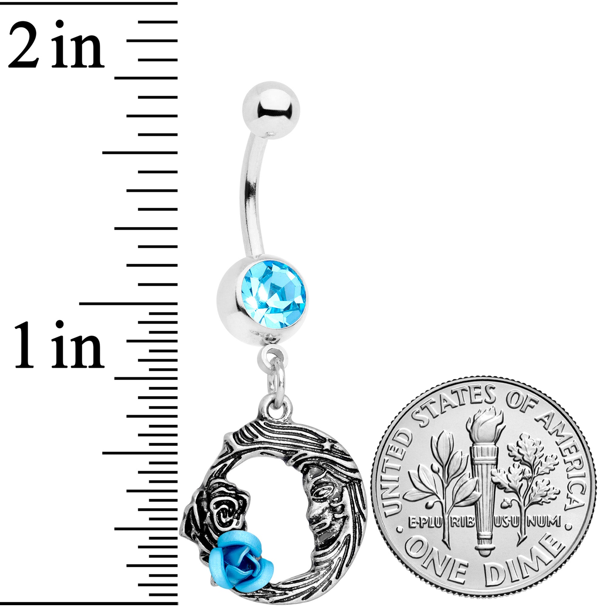 Aqua Gem Rose Flower Moon Dangle Belly Ring