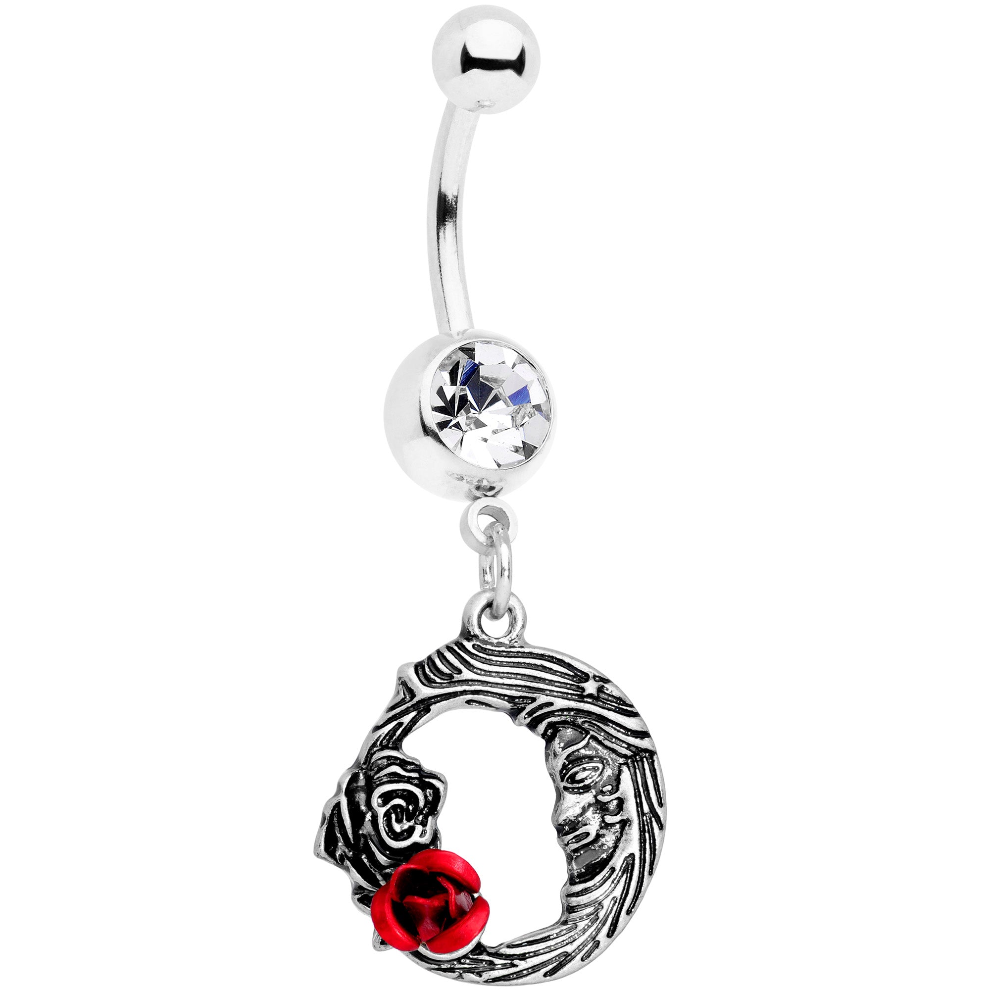 Clear Gem Rose Flower Moon Dangle Belly Ring