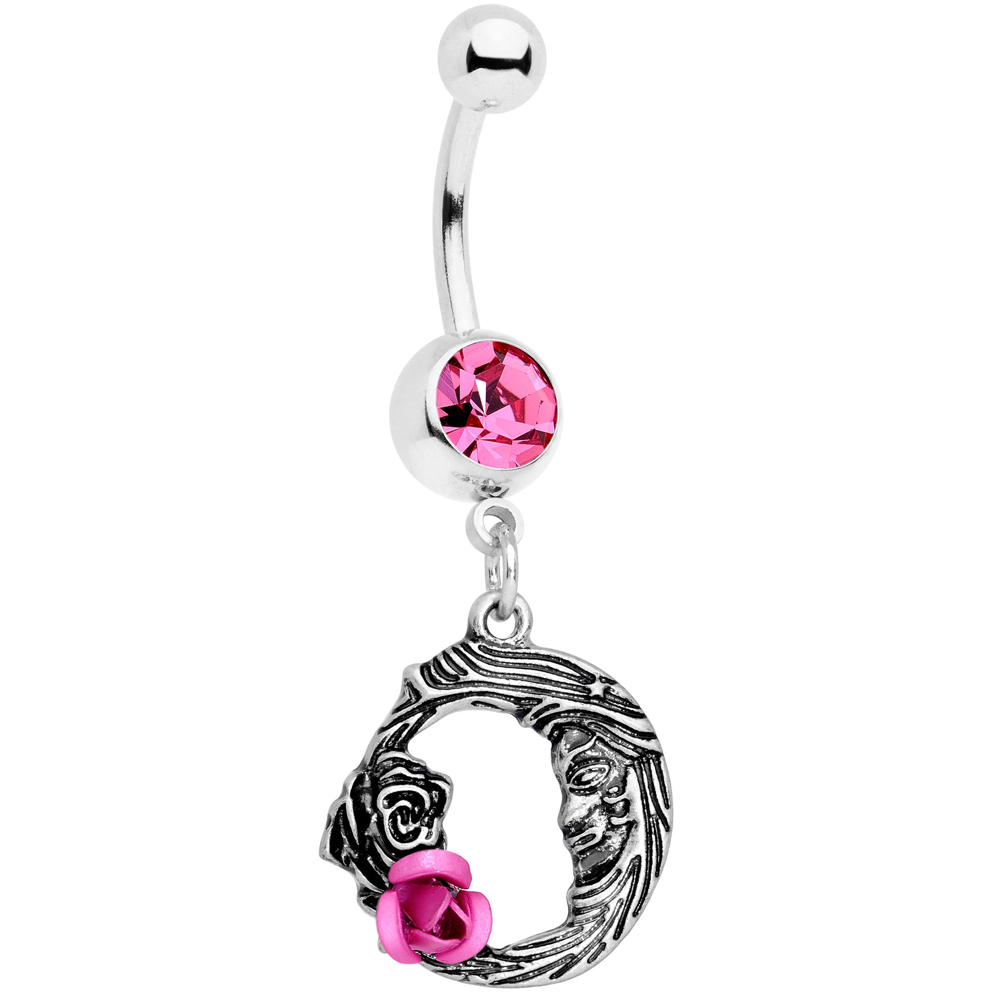 Pink Gem Rose Flower Moon Dangle Belly Ring