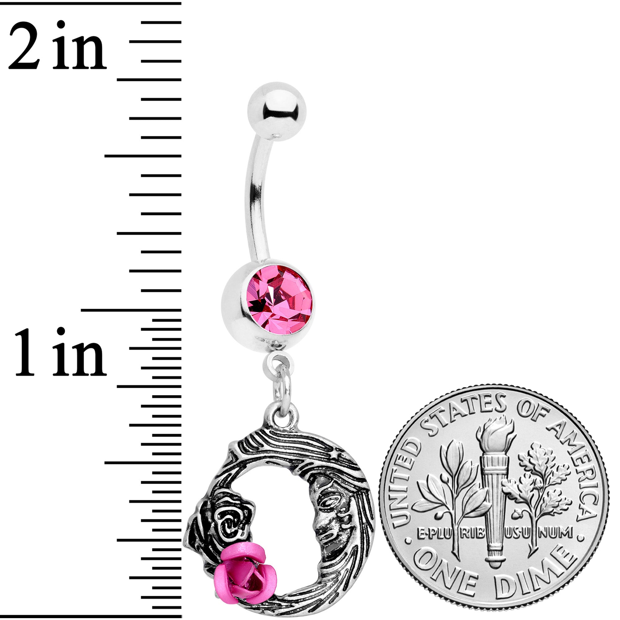 Pink Gem Rose Flower Moon Dangle Belly Ring