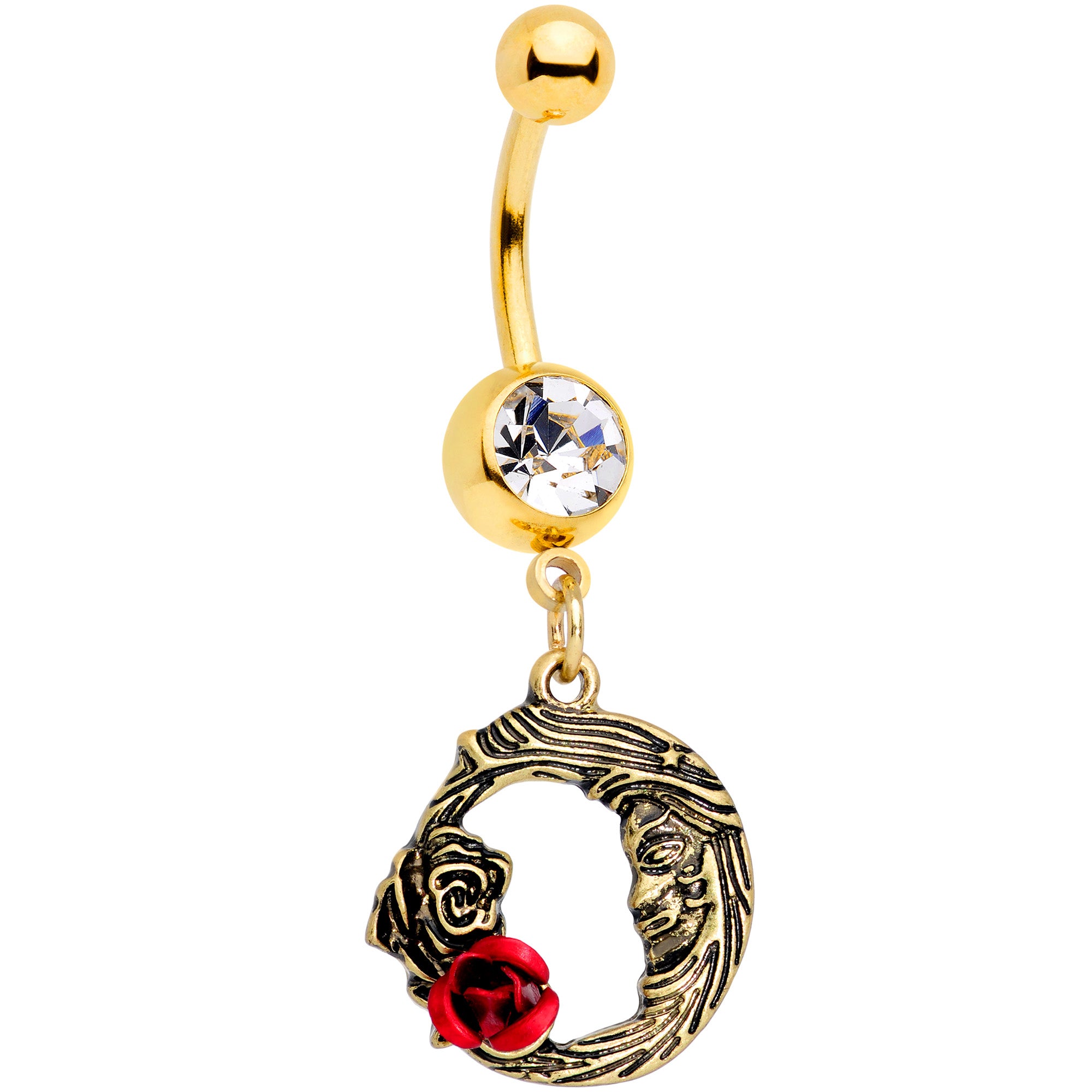 Clear Gem Gold Tone Rose Flower Moon Dangle Belly Ring