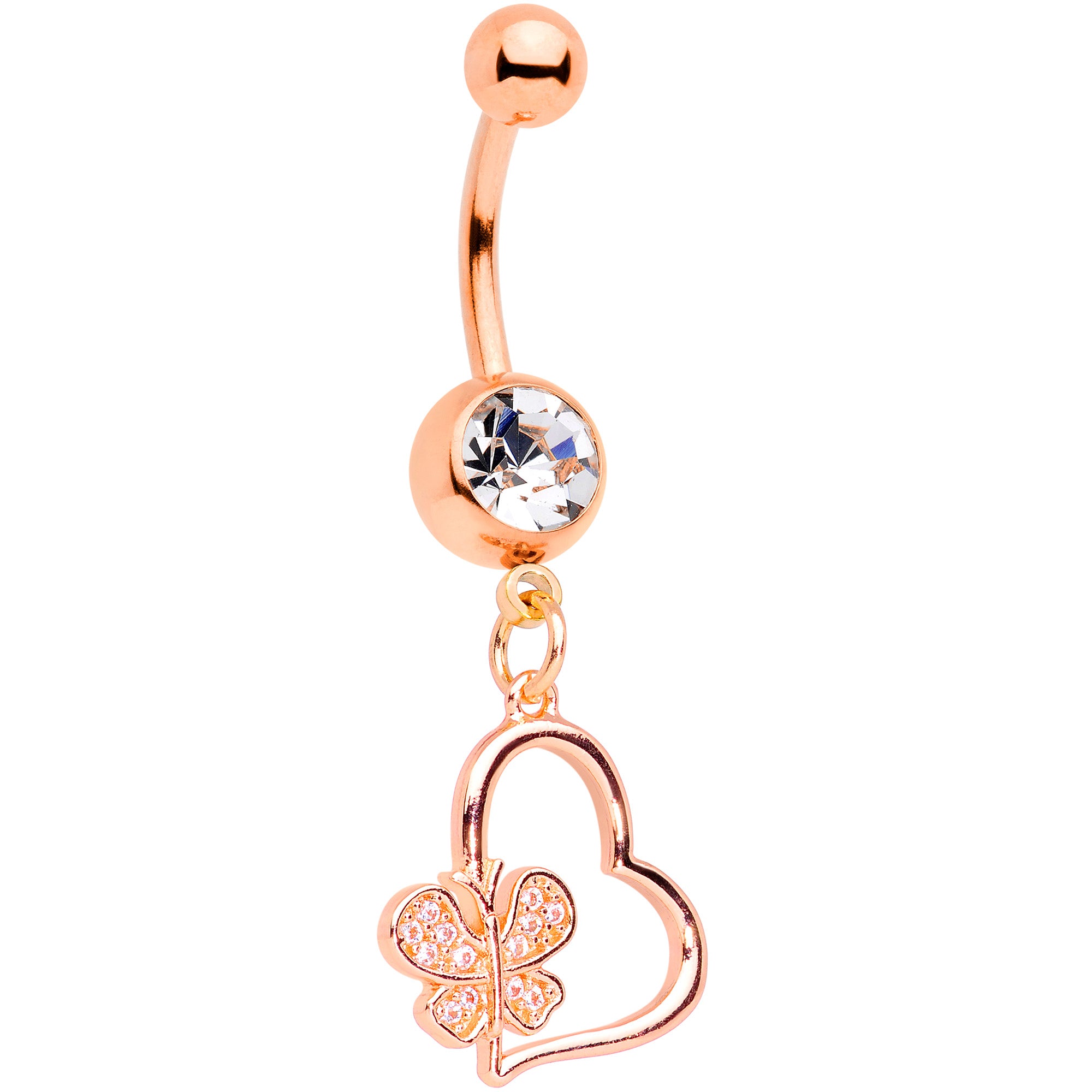 Clear CZ Gem Rose Gold Tone Heart Butterfly Dangle Belly Ring