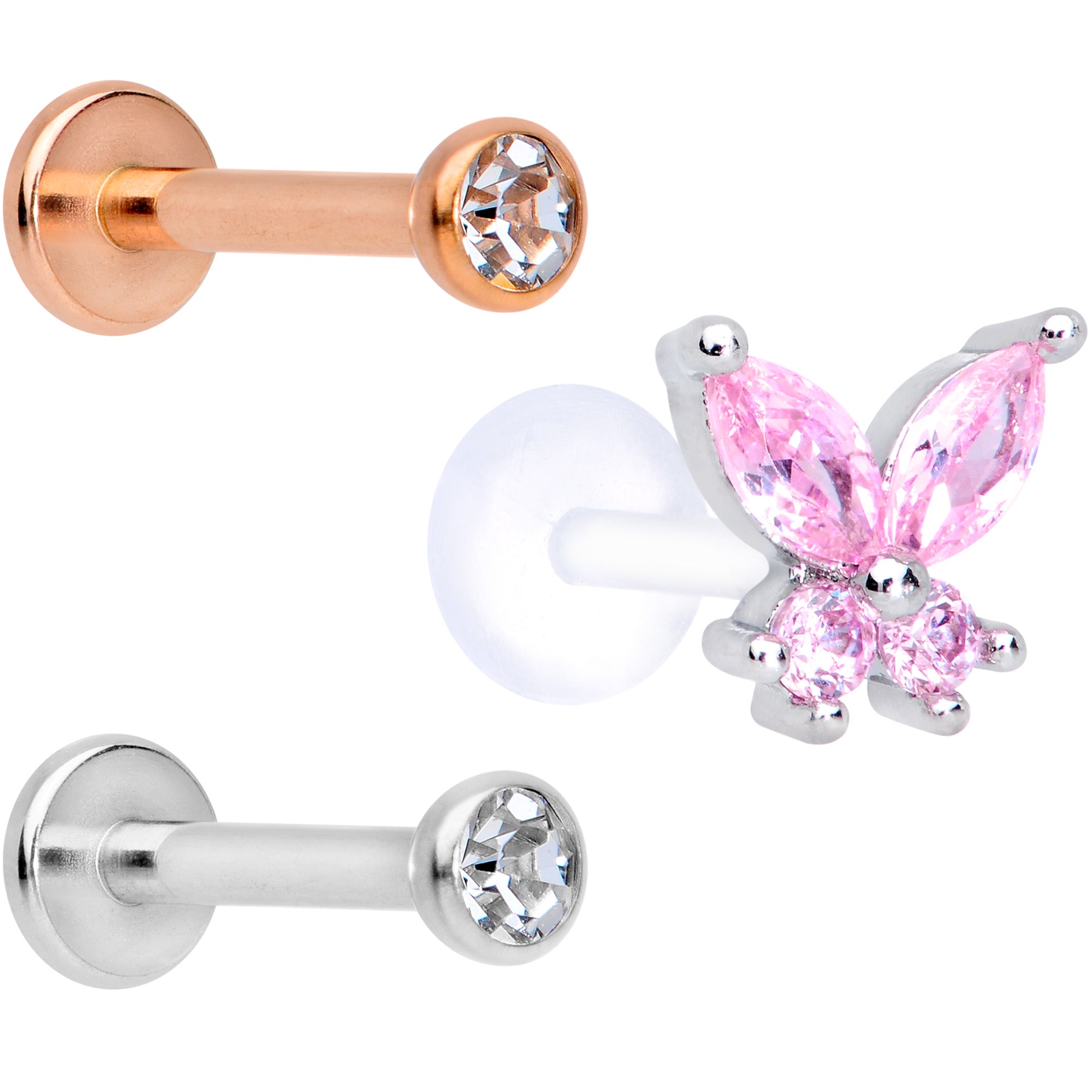 16 Gauge 5/16 Pink Clear CZ Gem Internal Thread Labret Tragus Set of 3