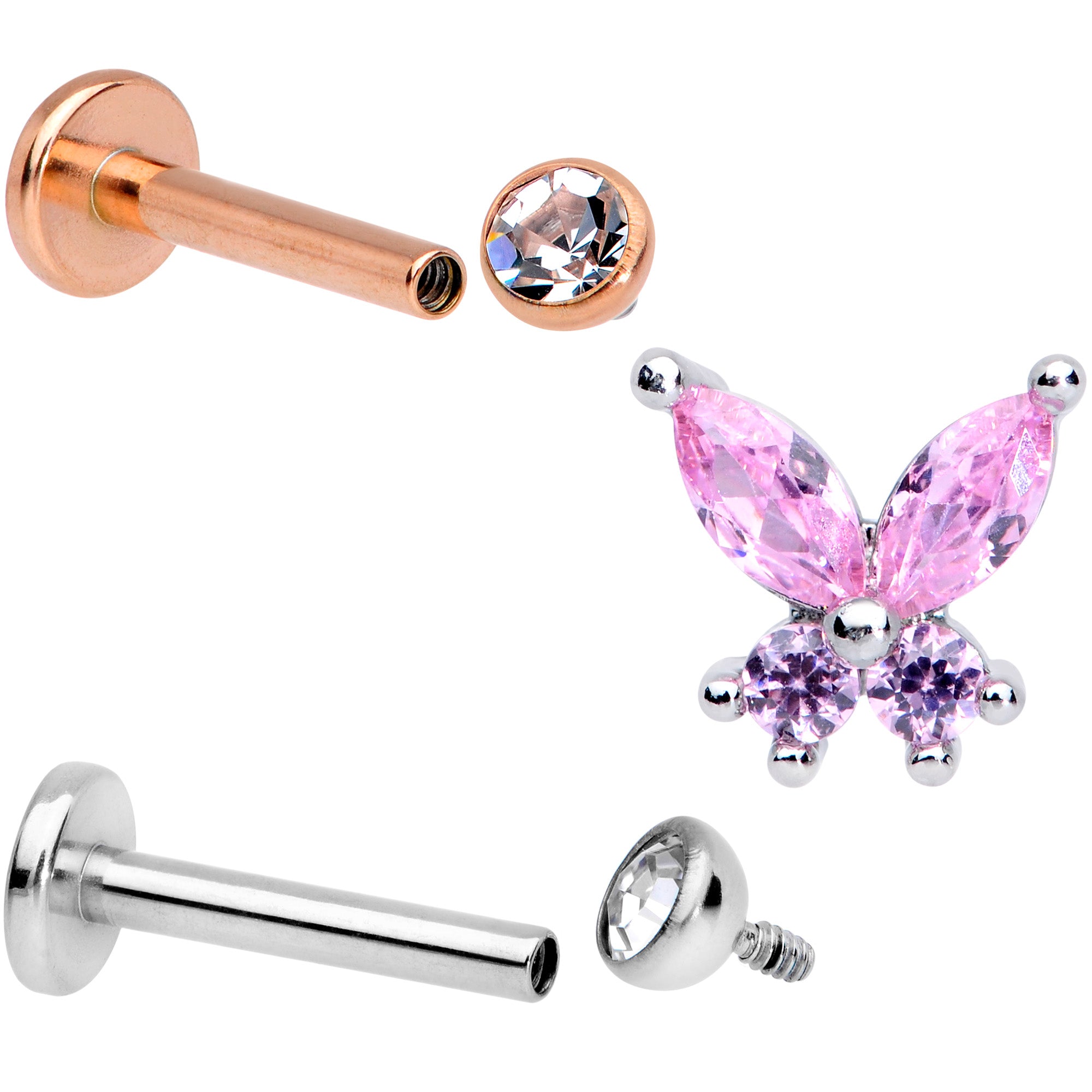 16 Gauge 5/16 Pink Clear CZ Gem Internal Thread Labret Tragus Set of 3