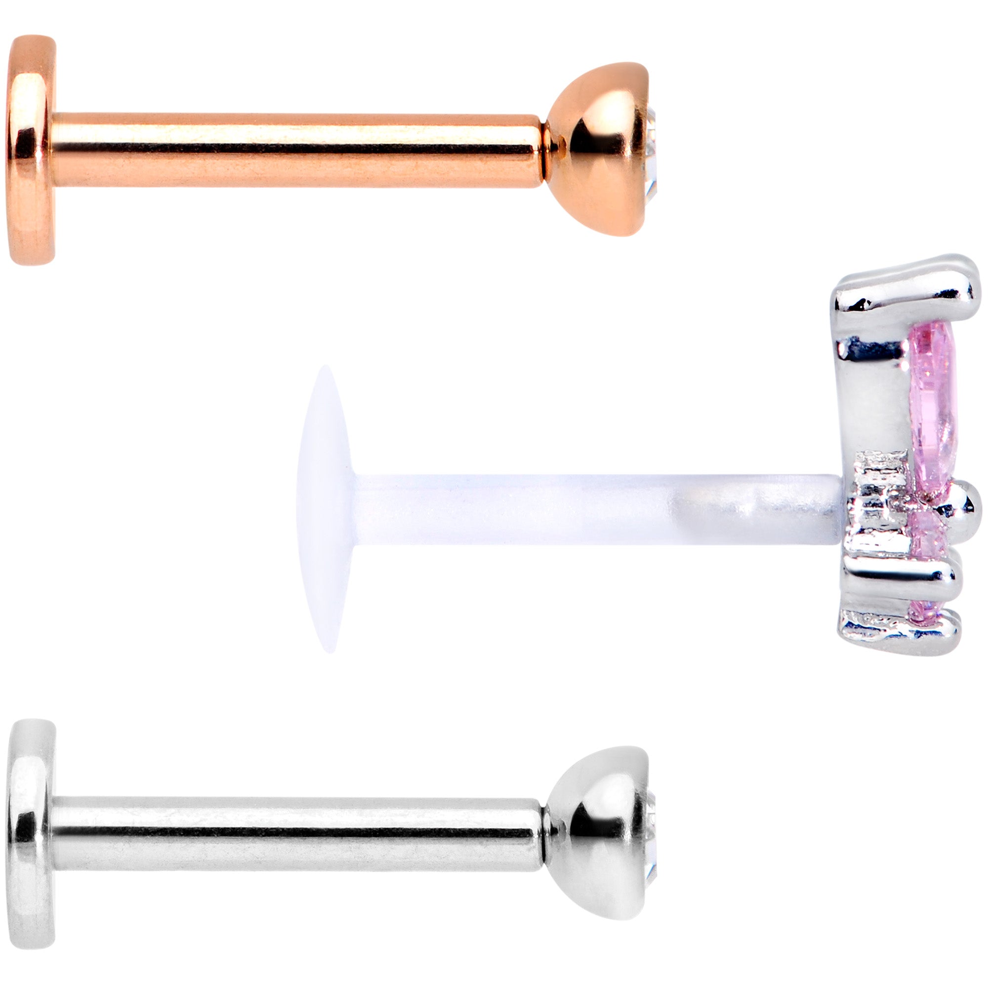 16 Gauge 5/16 Pink Clear CZ Gem Internal Thread Labret Tragus Set of 3