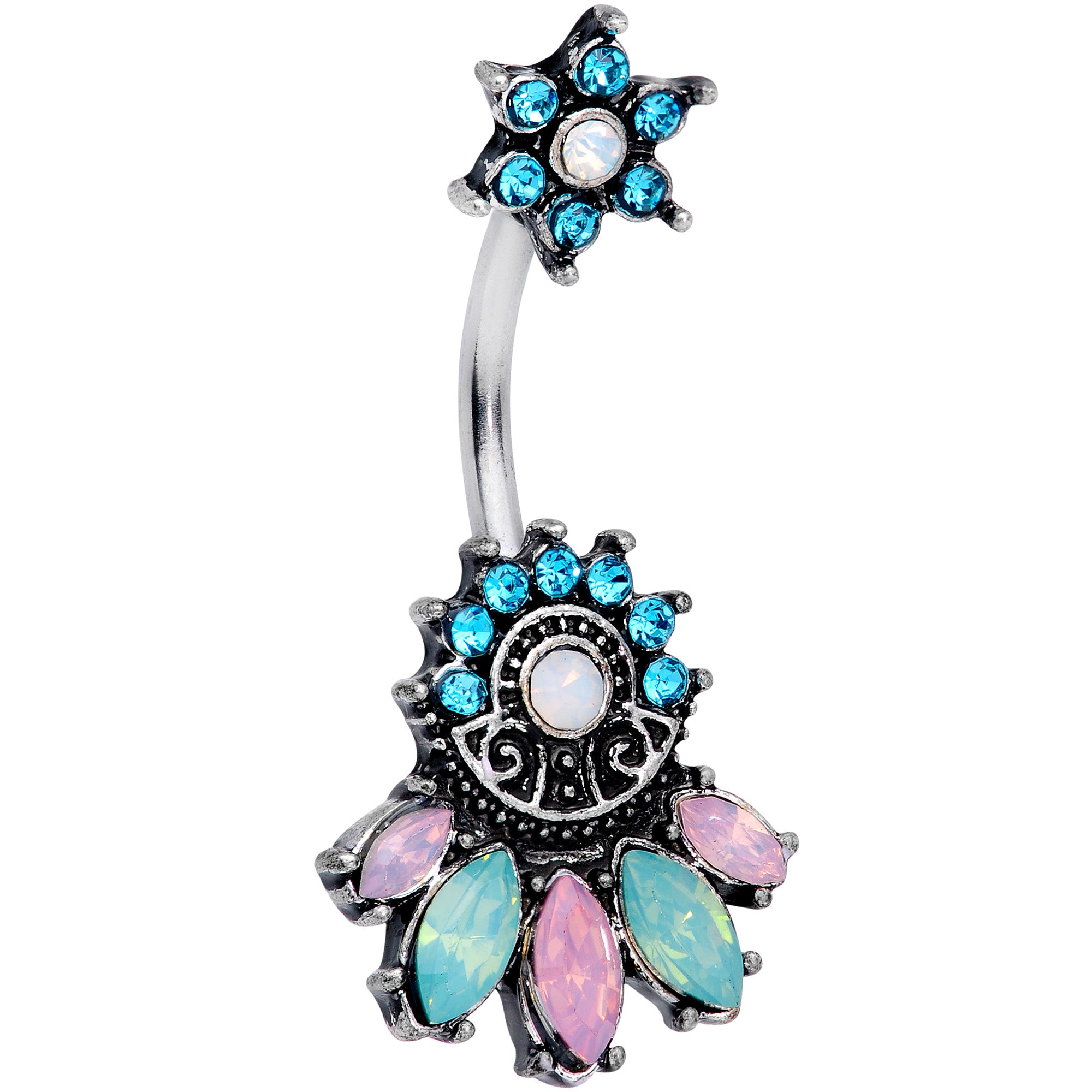 Blue Pink Green Gem Flower Baroque Double Mount Belly Ring