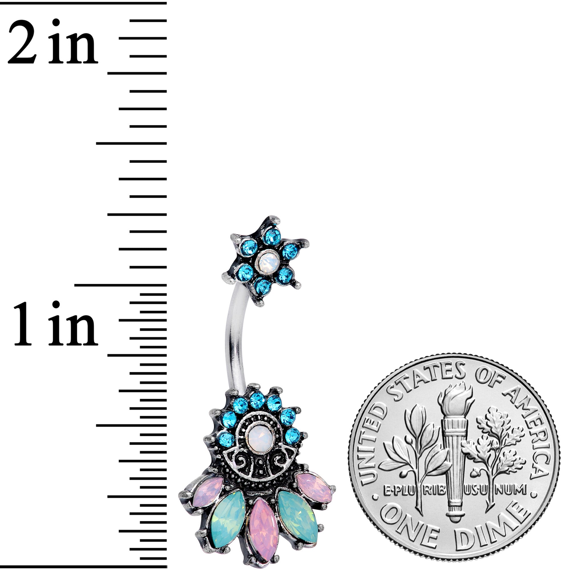 Blue Pink Green Gem Flower Baroque Double Mount Belly Ring