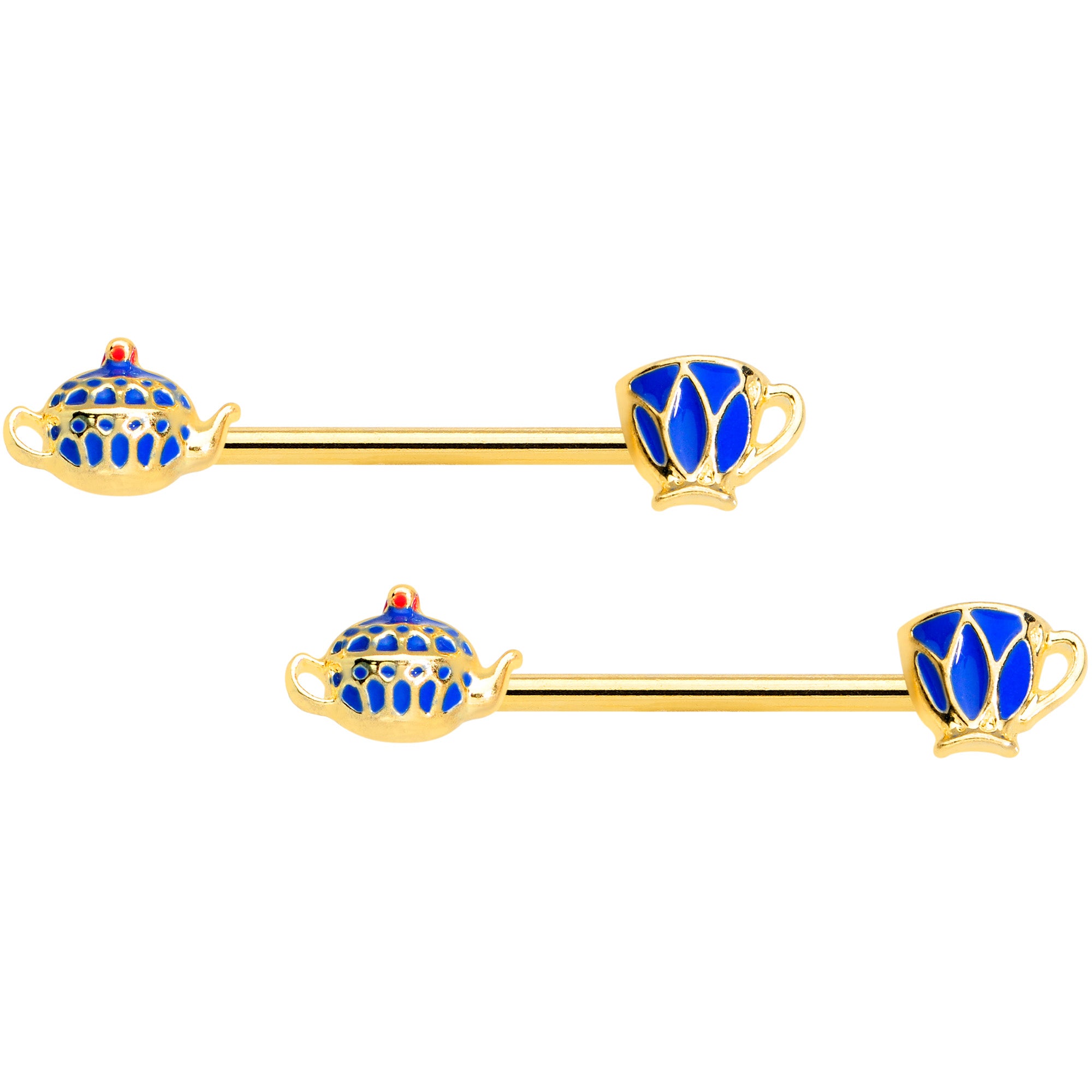 14 Gauge 9/16 Gold Tone Blue Teapot Teacups Barbell Nipple Ring Set