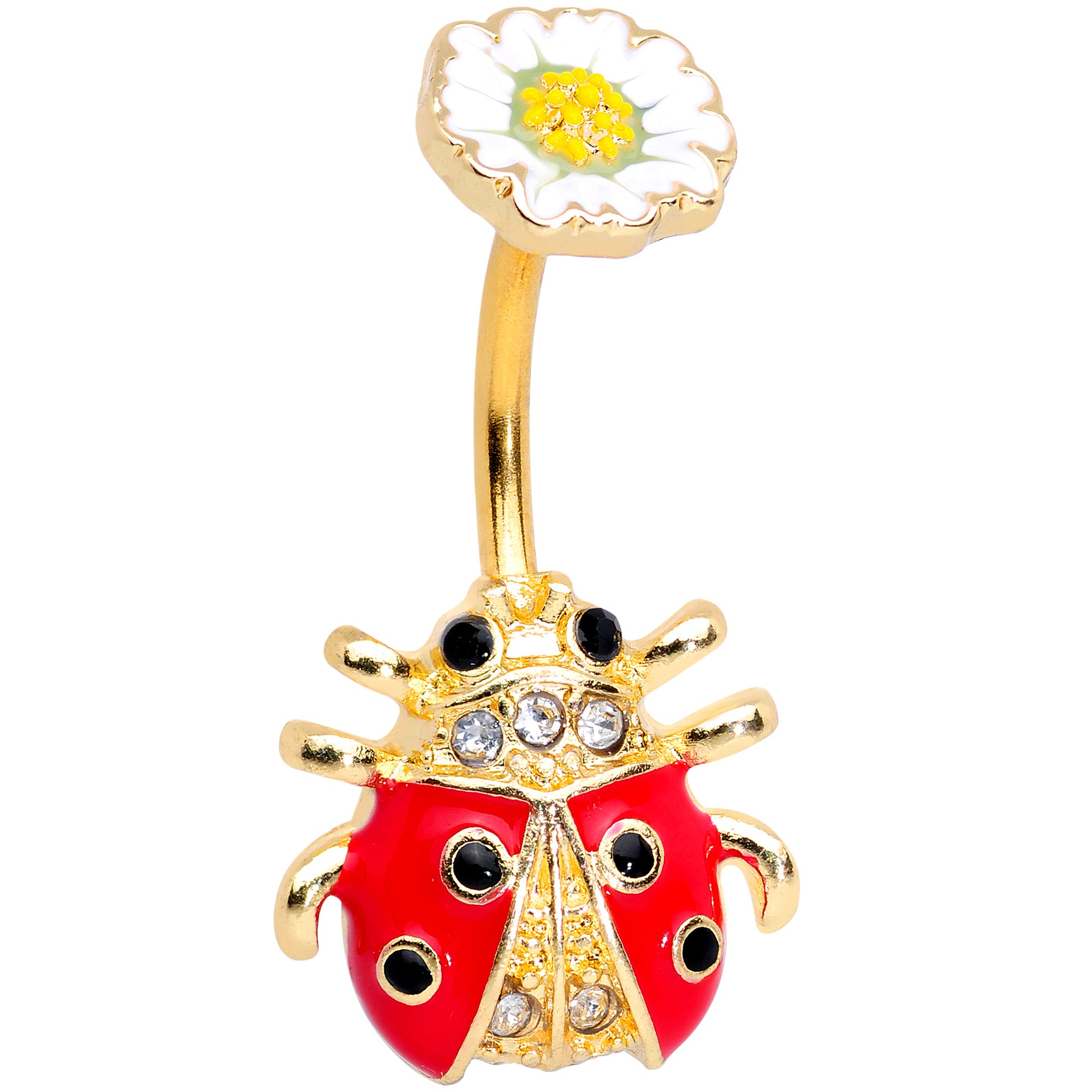 Clear Black Gem Gold Tone Ladybug Flower Double Mount Belly Ring