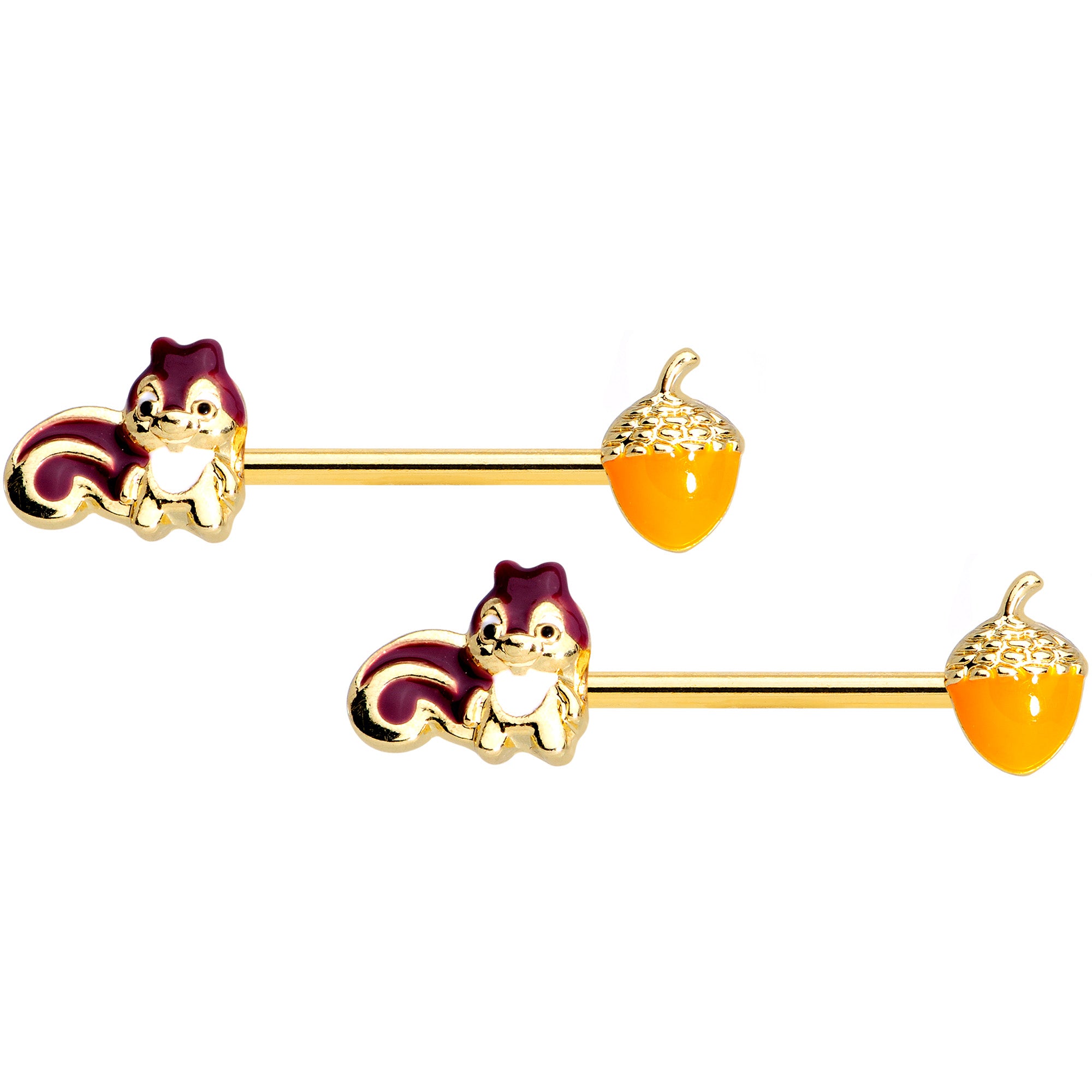 14 Gauge 9/16 Gold Tone Squirrel Acorn Barbell Nipple Ring Set