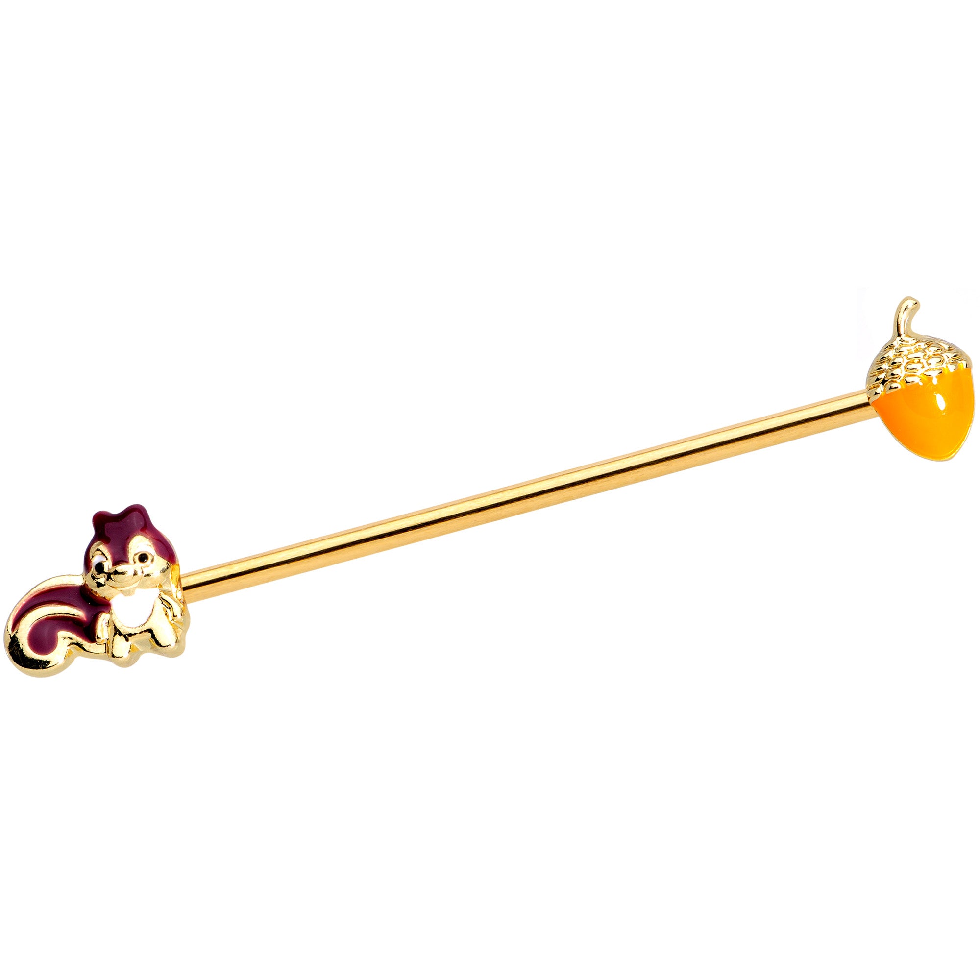 14 Gauge Gold Tone Squirrel Acorn Industrial Barbell 38mm