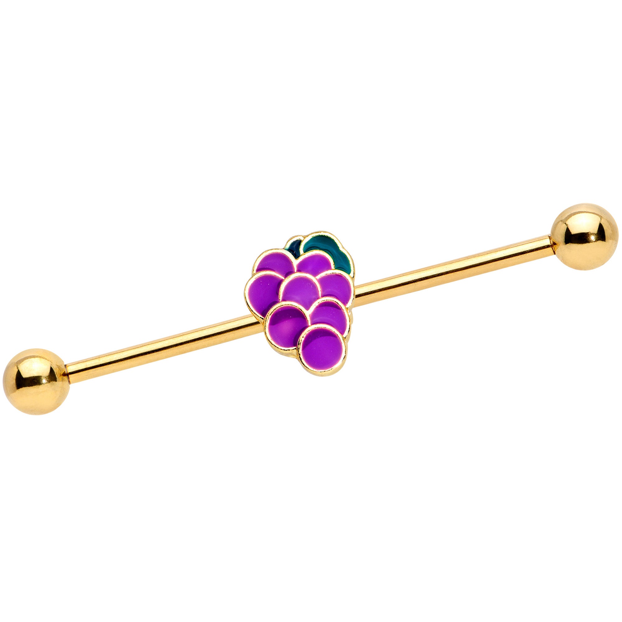 14 Gauge Gold Tone Sweet Purple Grapes Industrial Barbell 38mm