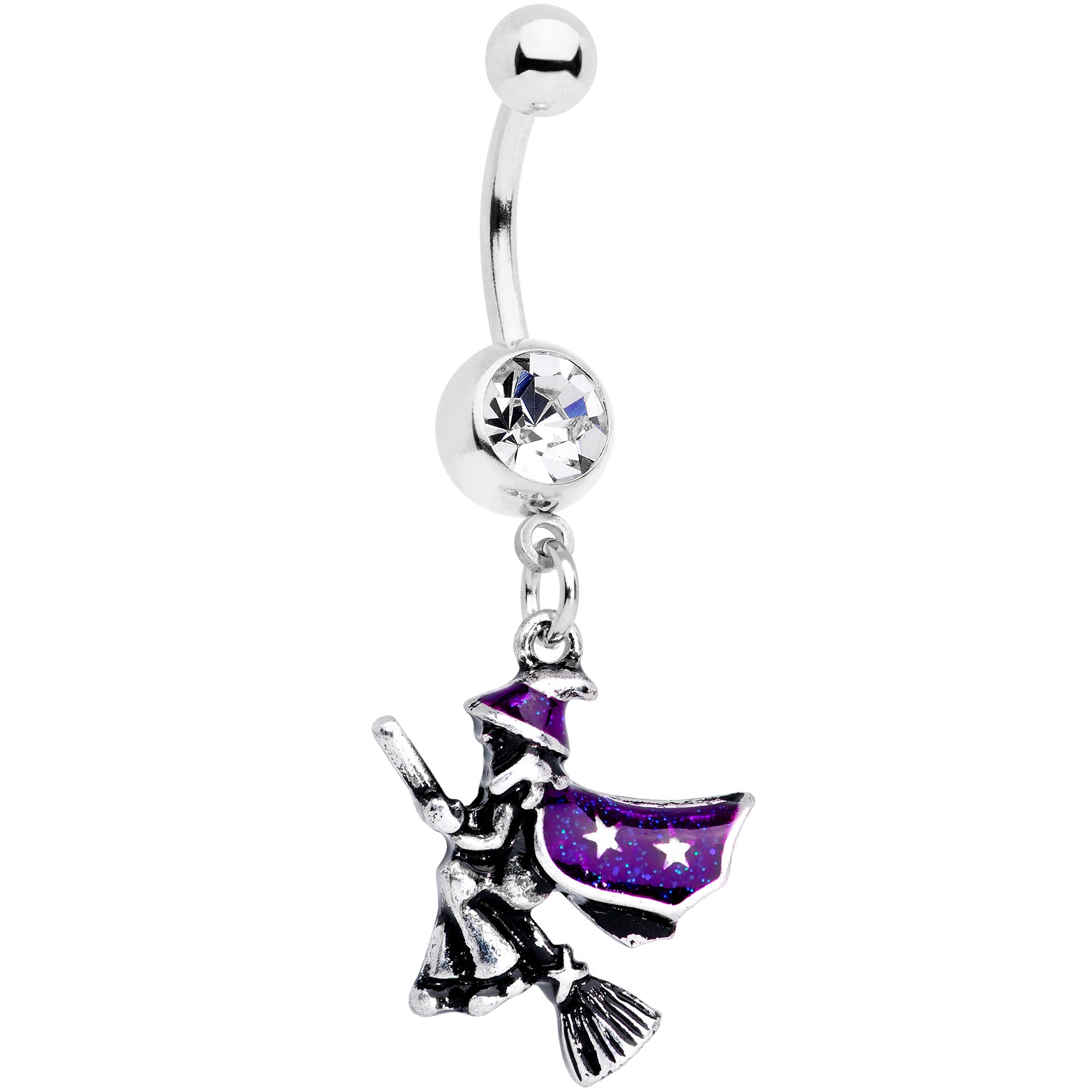 Clear Gem Purple Witch Broom Halloween Dangle Belly Ring