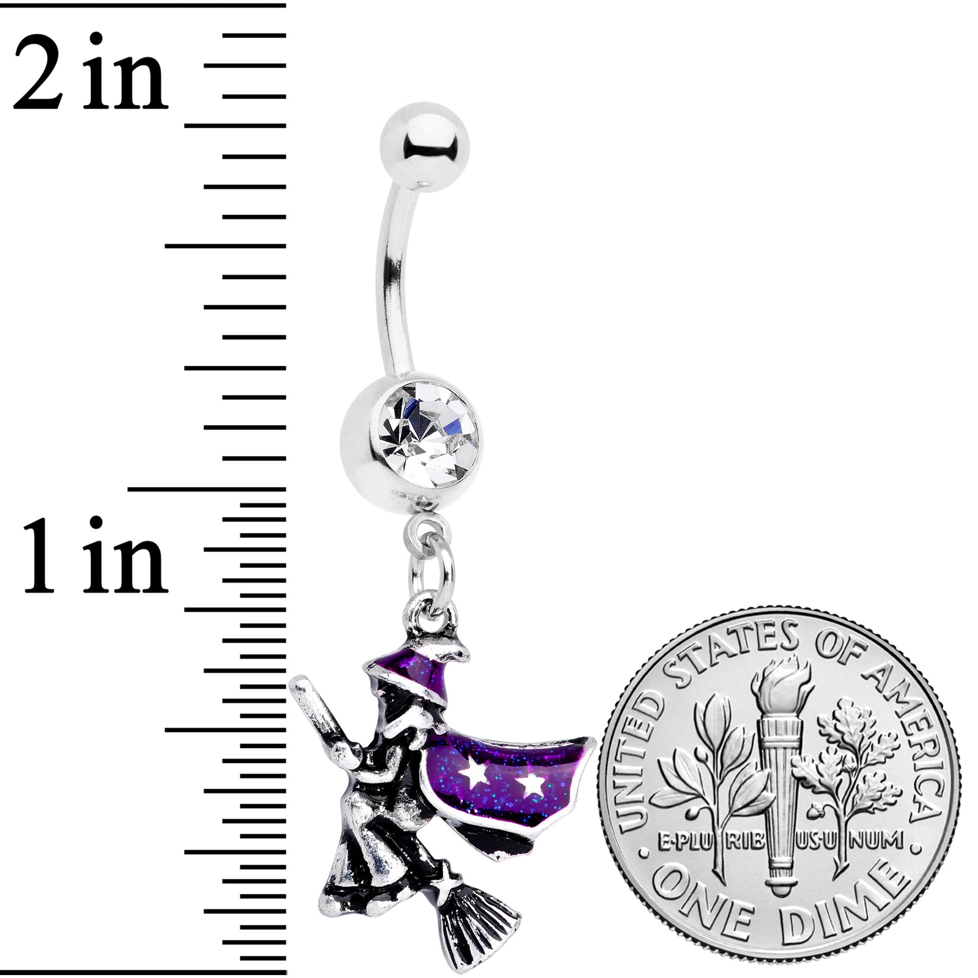 Clear Gem Purple Witch Broom Halloween Dangle Belly Ring