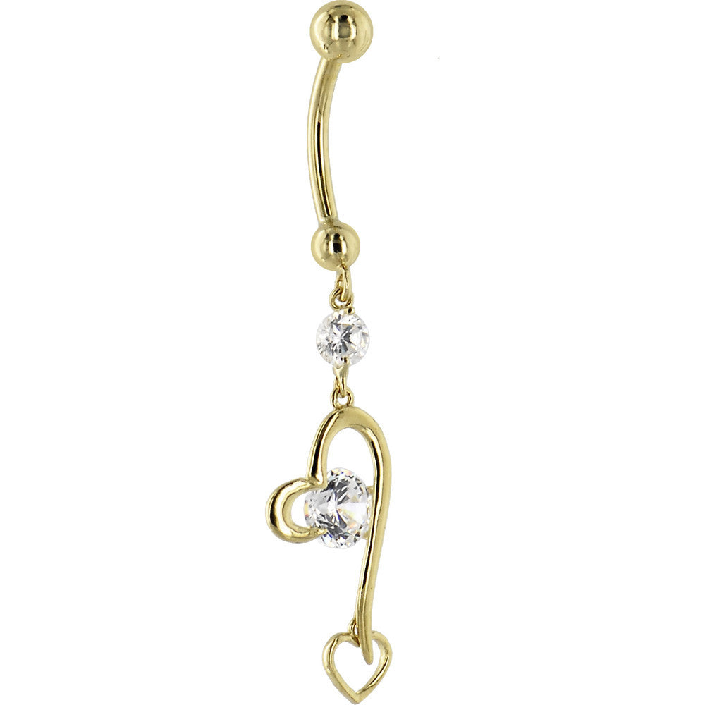 16 Gauge Solid 14KT Yellow Gold Cubic Zirconia HEART FANTASY Dangle Belly Ring