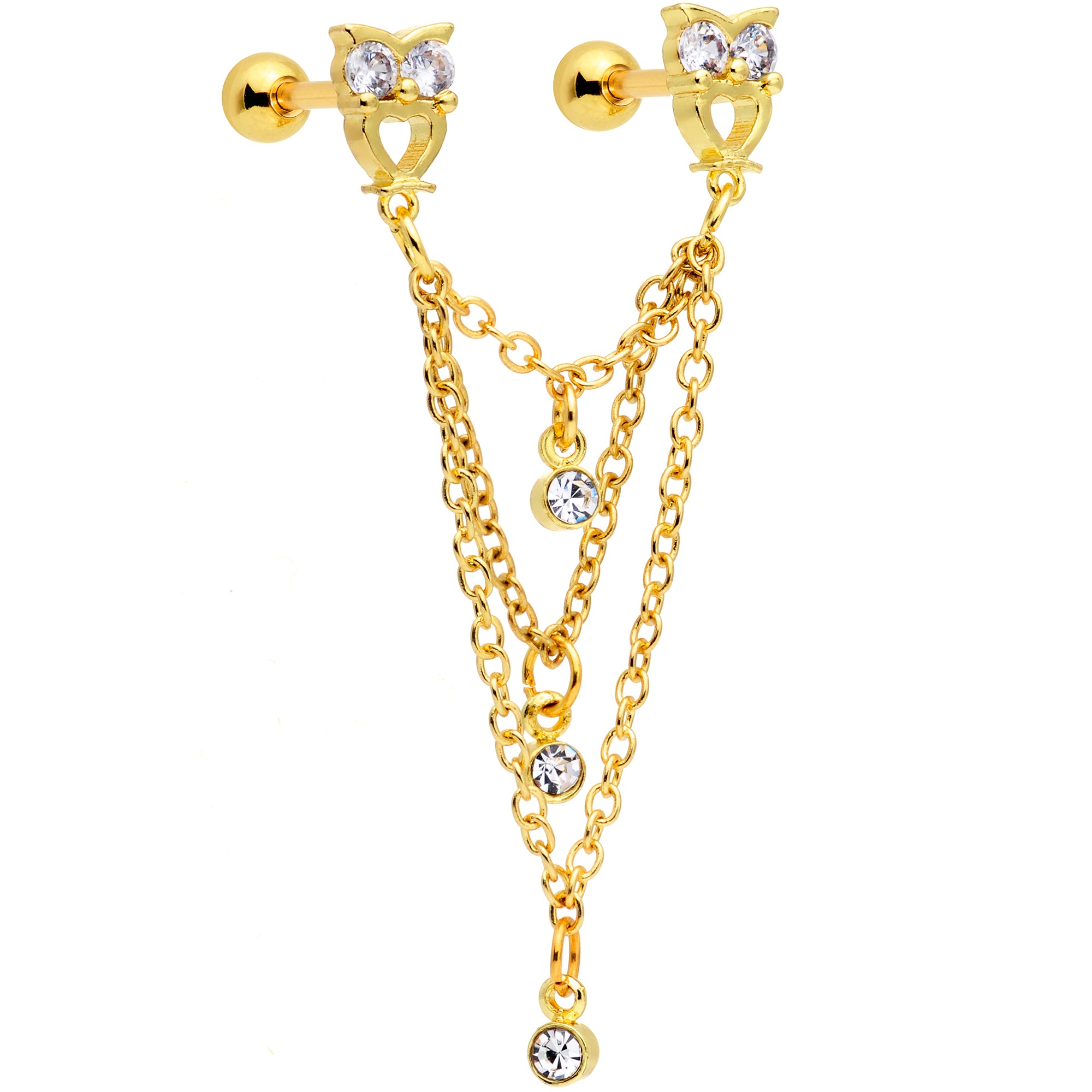 16 Gauge 1/4 Clear CZ Gem Gold Tone Owl Dangle Cartilage Chain Earring