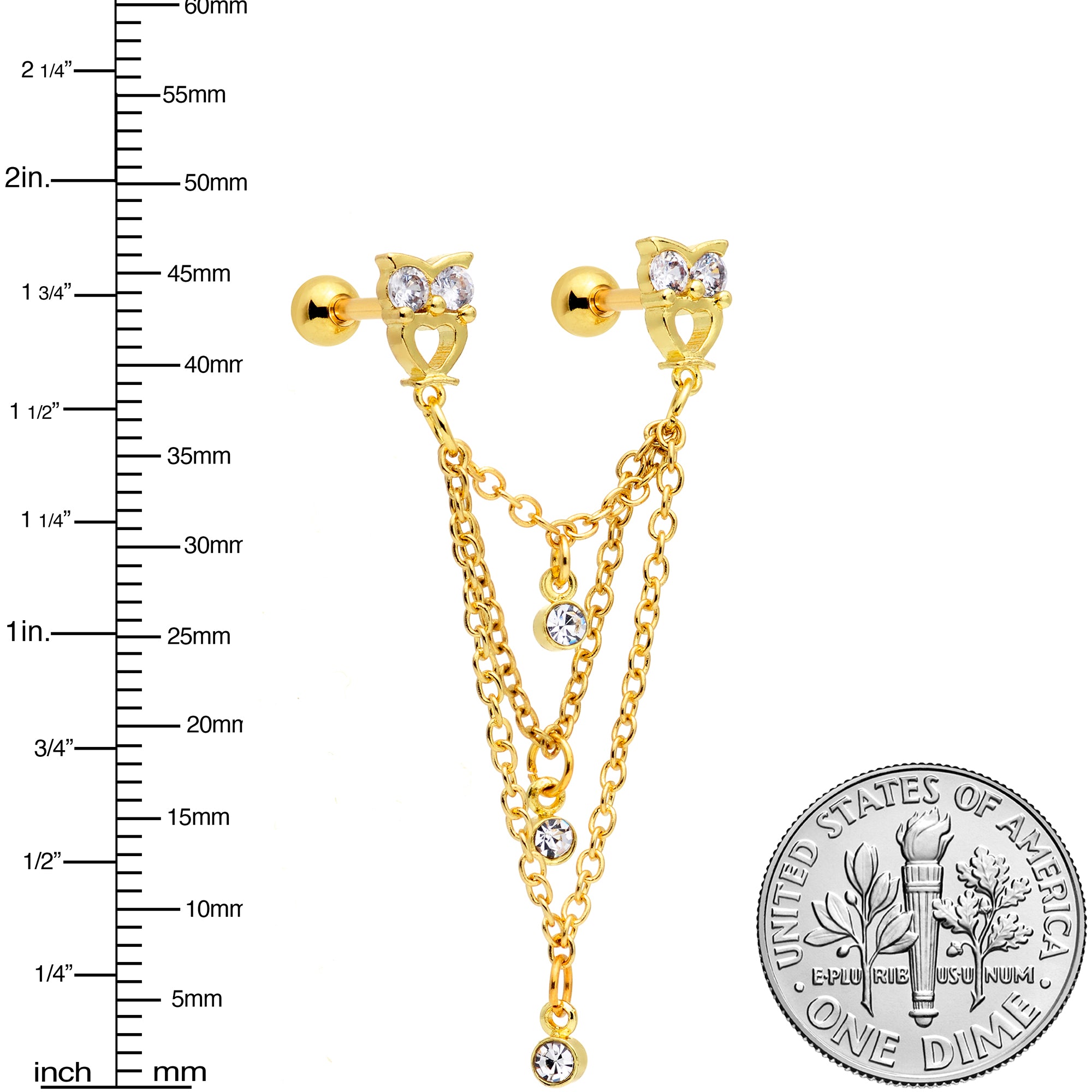 16 Gauge 1/4 Clear CZ Gem Gold Tone Owl Dangle Cartilage Chain Earring