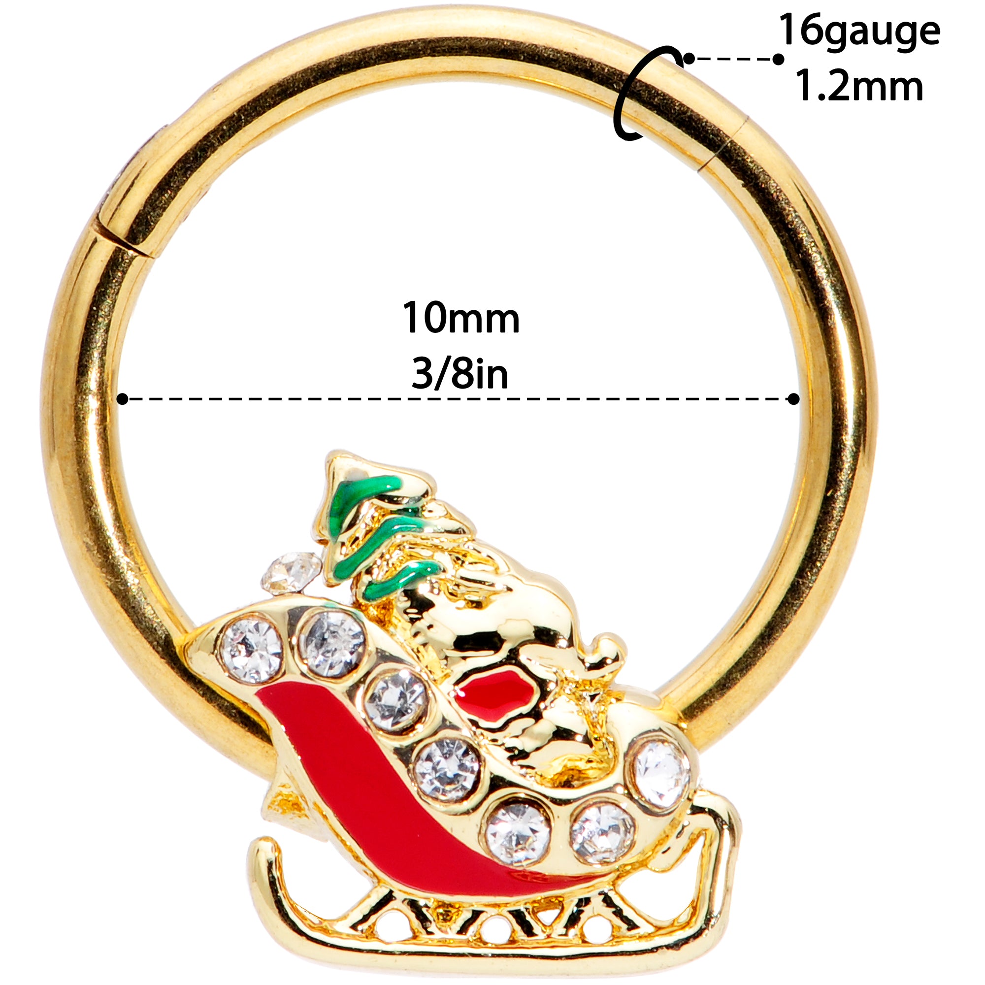 16 Gauge 3/8 Clear Gem Gold Tone Santa Sleigh Christmas Septum Clicker