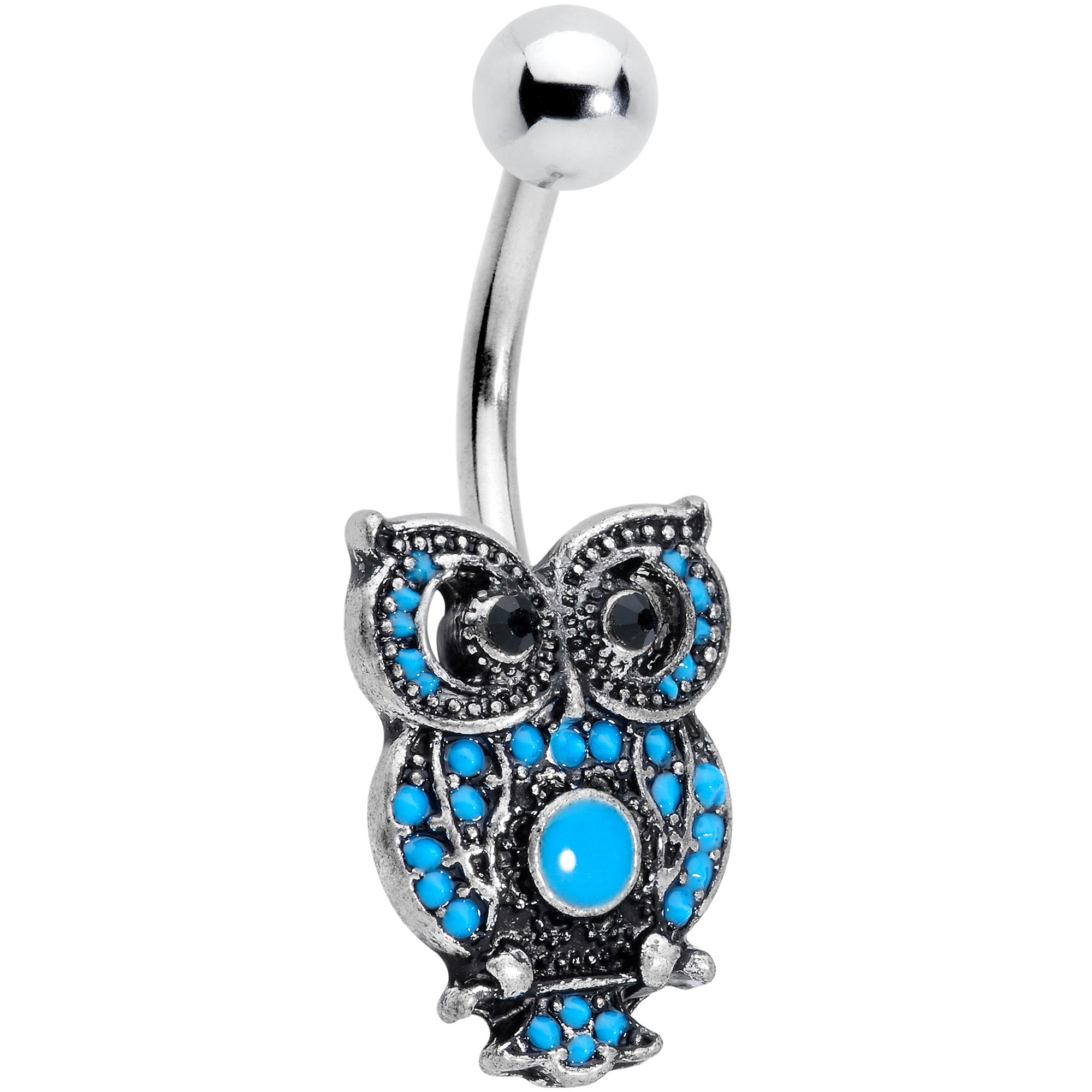 Black Gem Ornate Blue Orb Owl Belly Ring