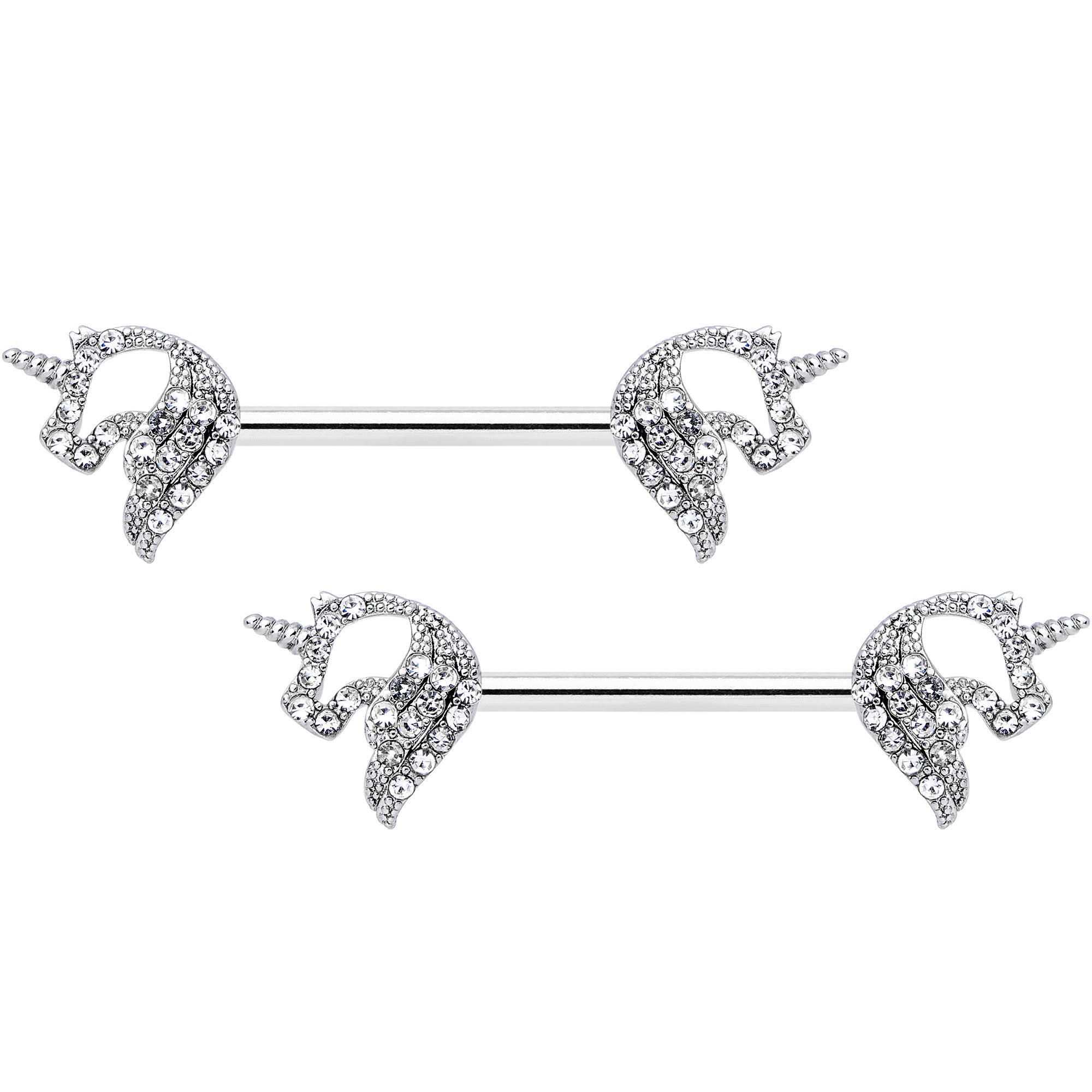 14 Gauge 9/16 Clear Gem Silhouette Unicorn Barbell Nipple Ring Set