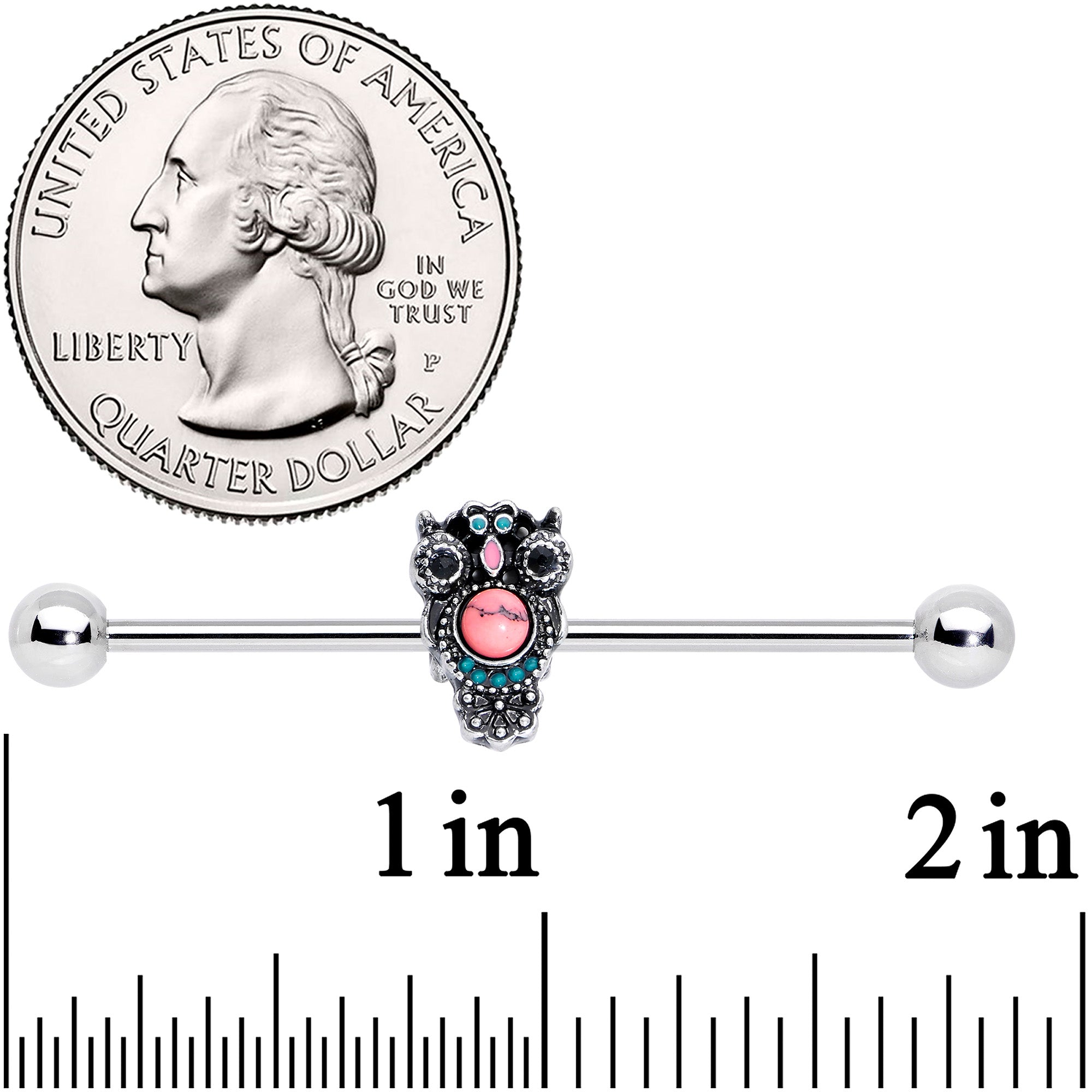 14 Gauge Black Gem Pink Orb Owl Industrial Barbell 38mm