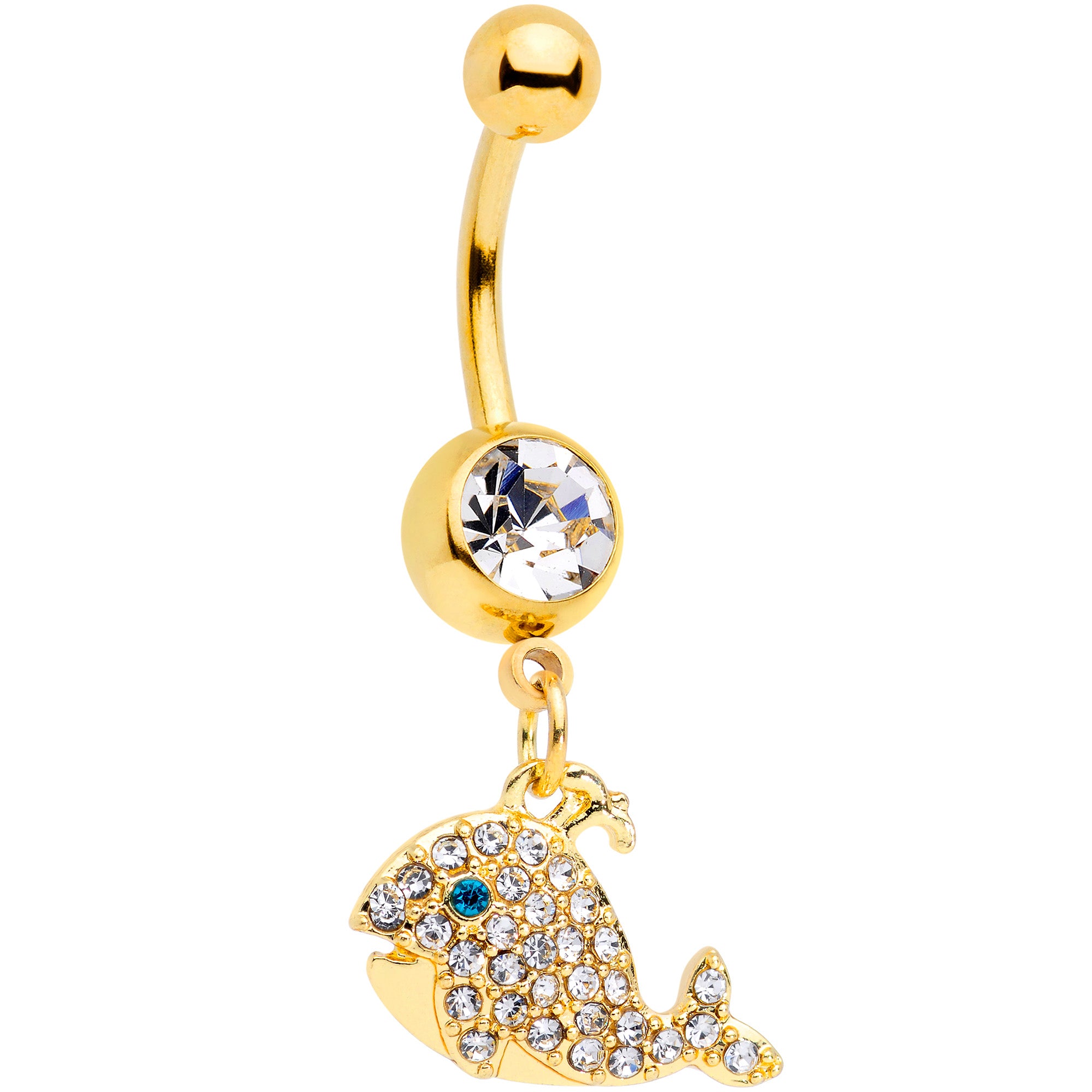 Clear Aqua Gem Gold Tone Whale Dangle Belly Ring