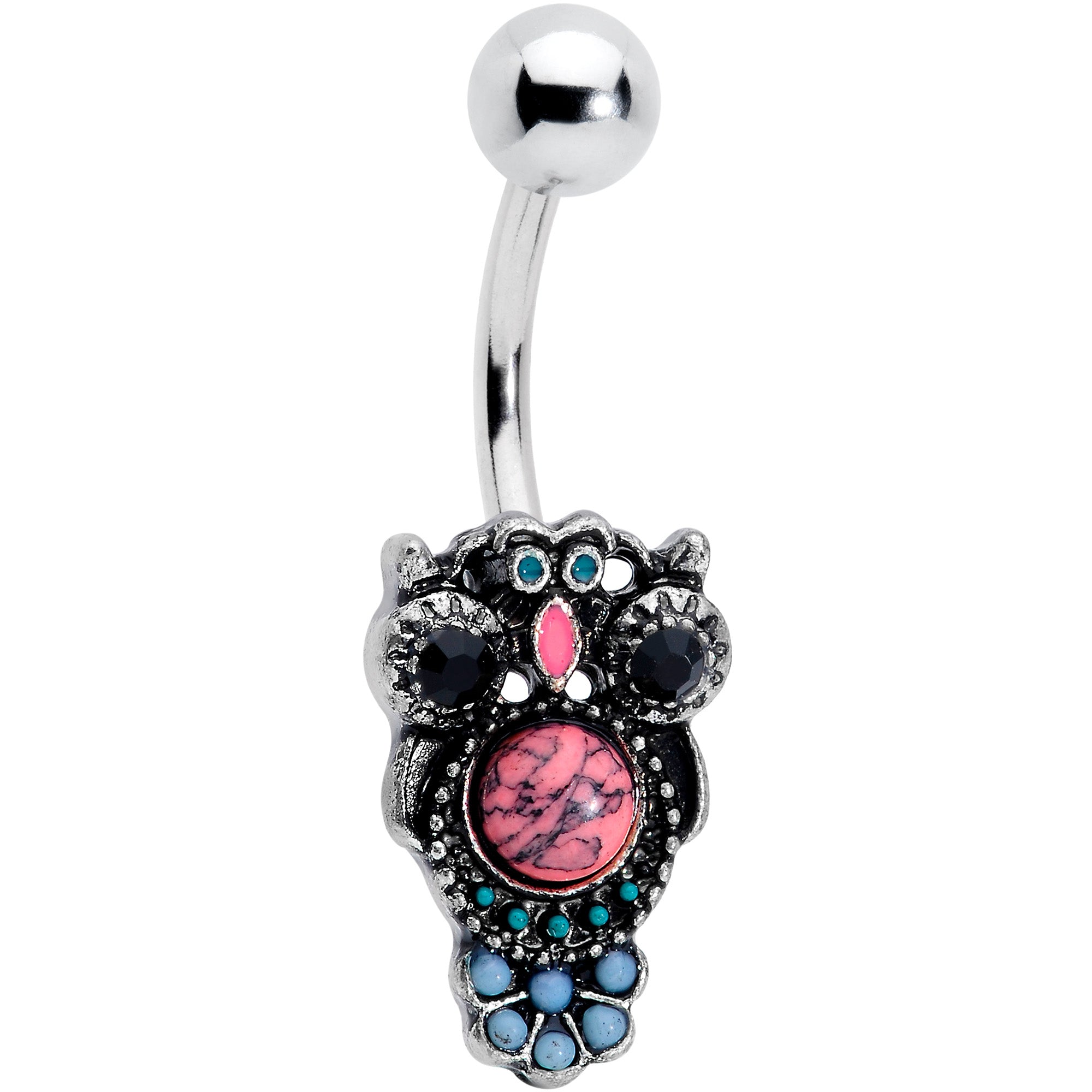 Black Gem Pink Orb Owl Belly Ring