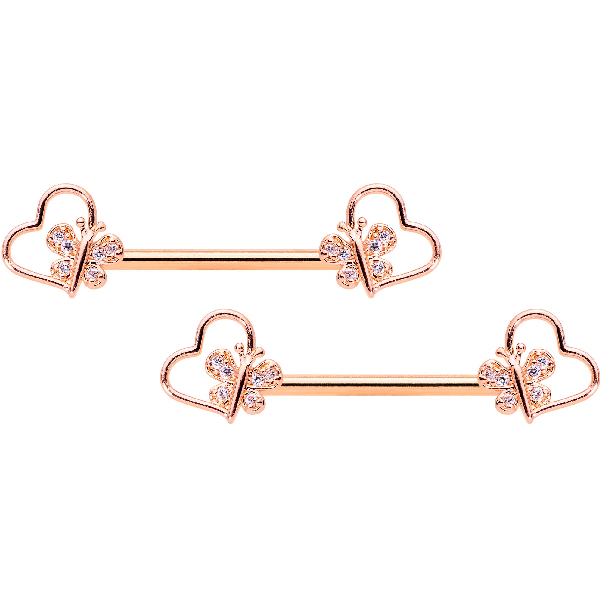 14 Gauge 9/16 Clear CZ Rose Gold Tone Heart Barbell Nipple Ring Set