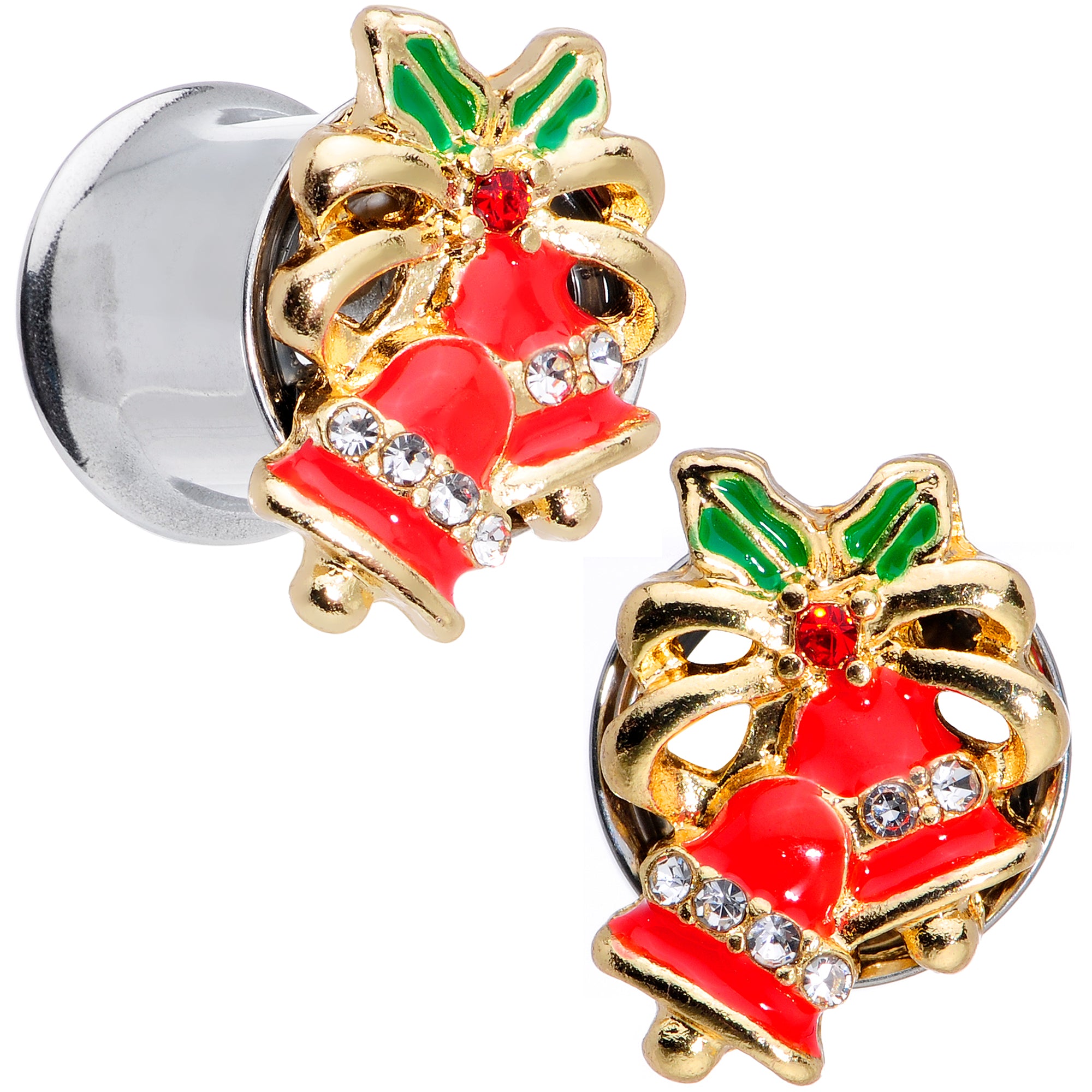 Clear Gem Holiday Bells Christmas Double Flare Plug Set