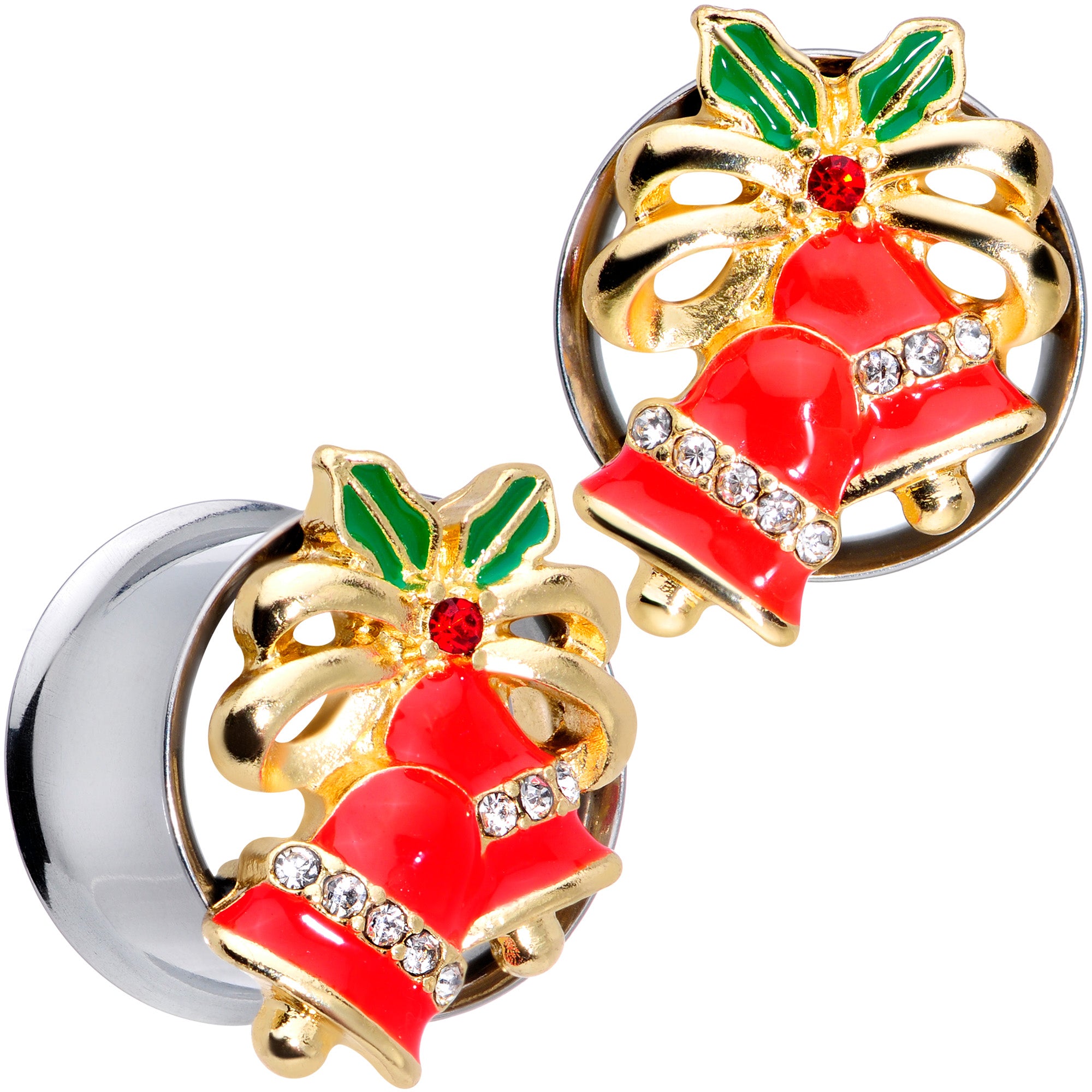 Clear Gem Holiday Bells Christmas Double Flare Plug Set