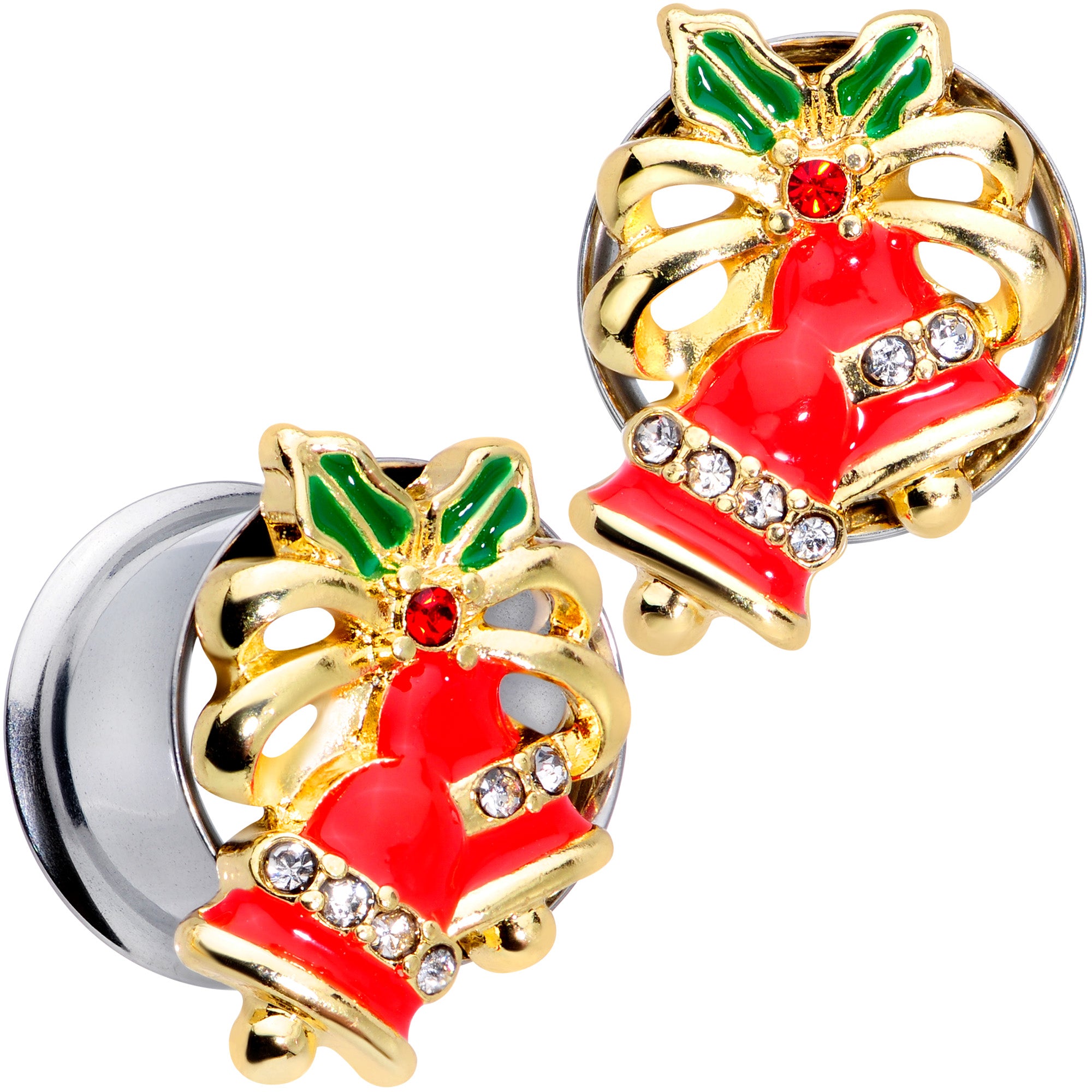 Clear Gem Holiday Bells Christmas Double Flare Plug Set