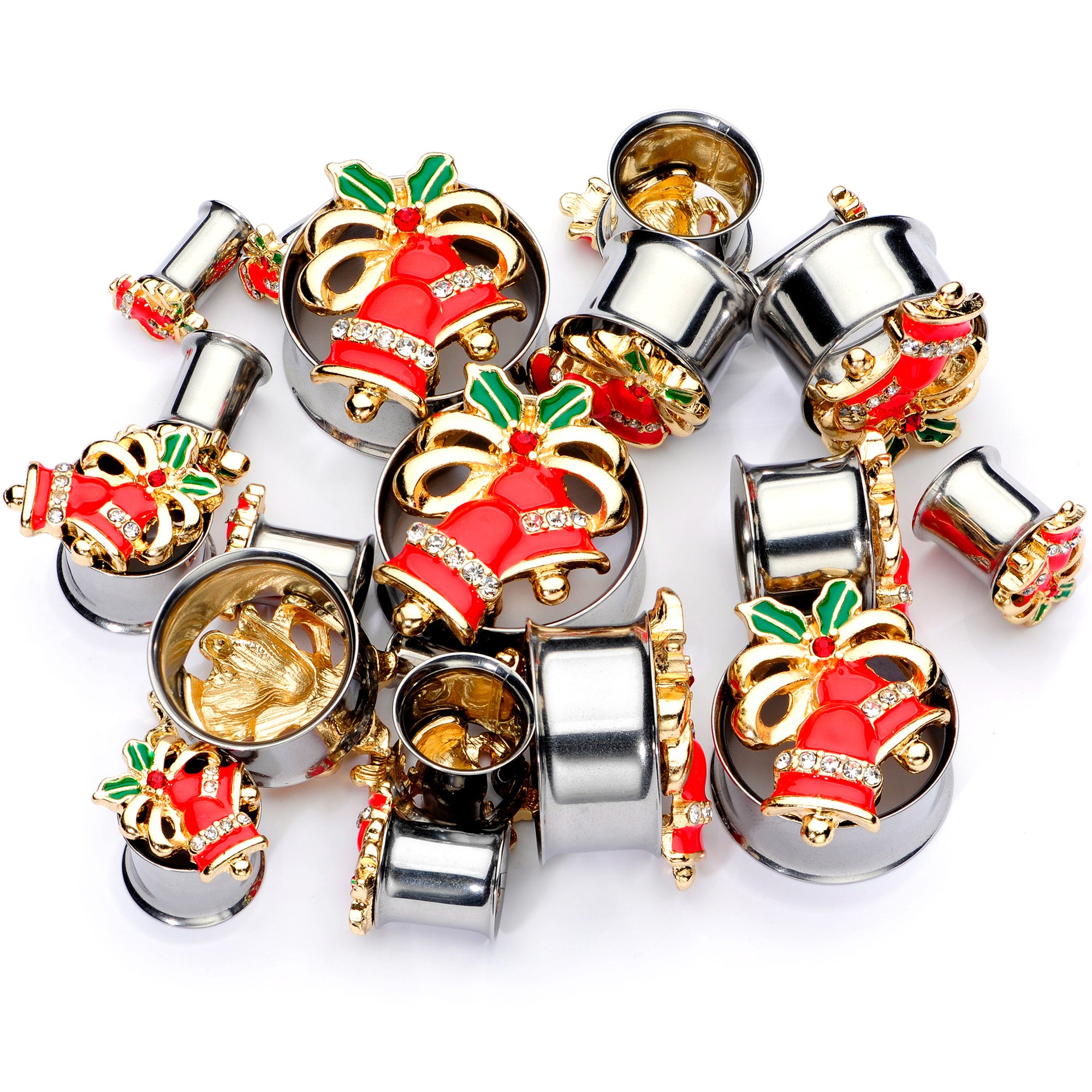 Clear Gem Holiday Bells Christmas Double Flare Plug Set