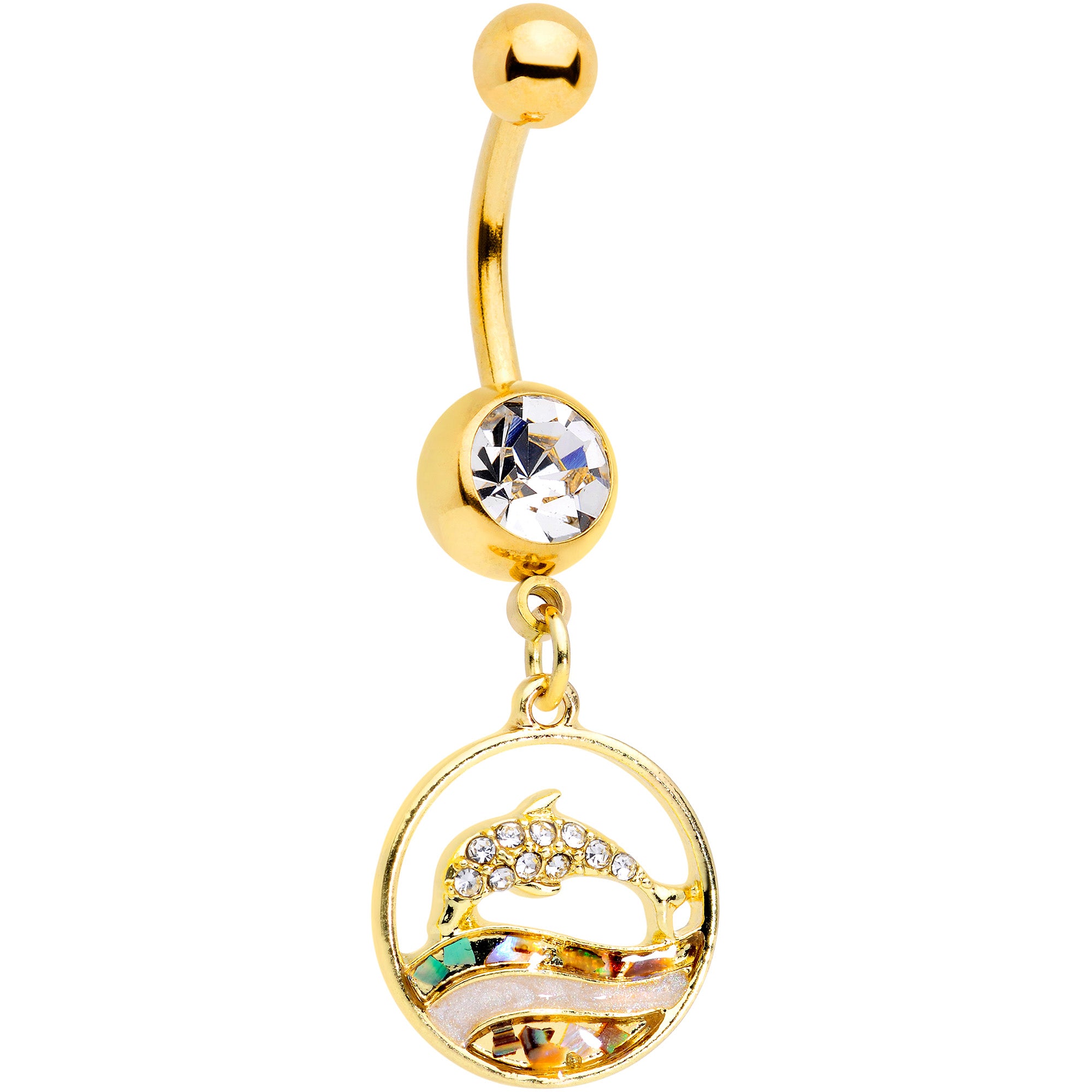 Clear Gem Gold Tone Leaping Dolphin Dangle Belly Ring