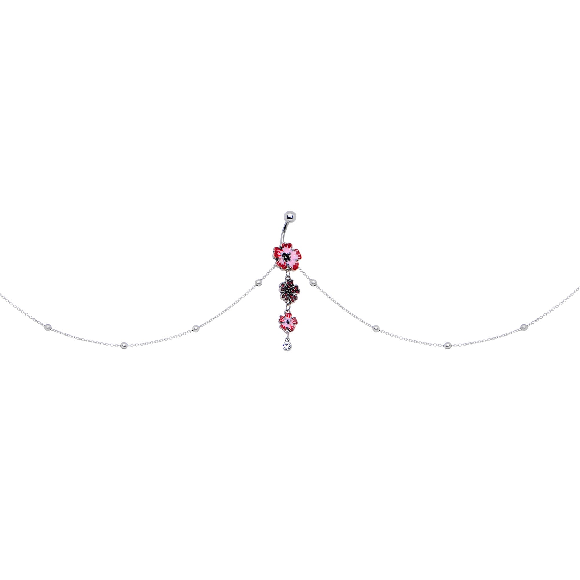 Clear Pink Gem Pink Tropical Flower Dangle Belly Ring Belly Chain