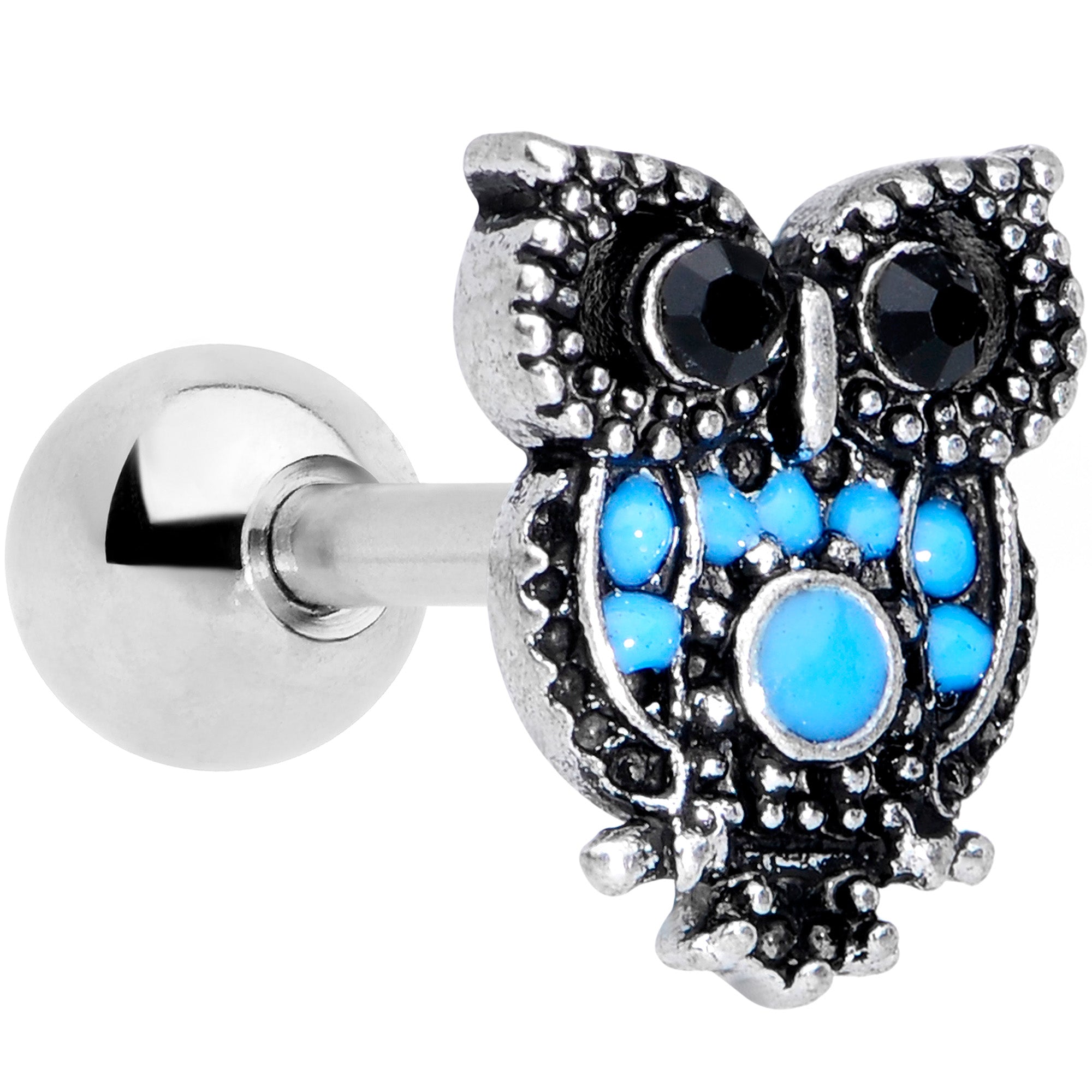 16 Gauge 1/4 Black Gem Ornate Blue Owl Cartilage Tragus Earring