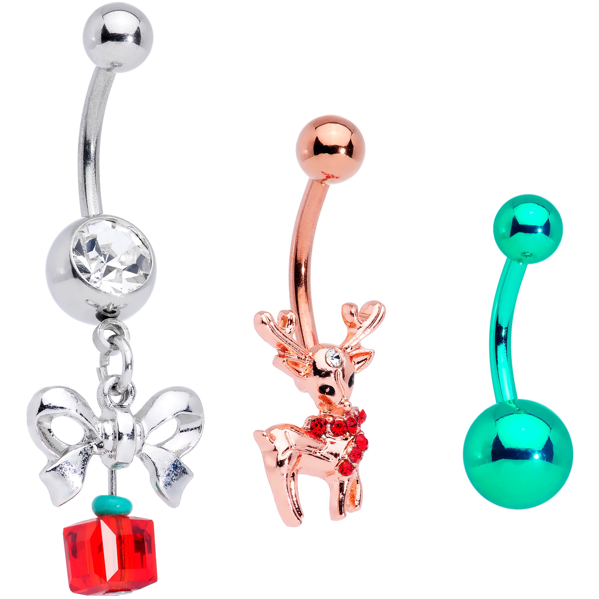 Clear Red Gem Festive Green Gold Tone Christmas Dangle Belly Ring Set of 3