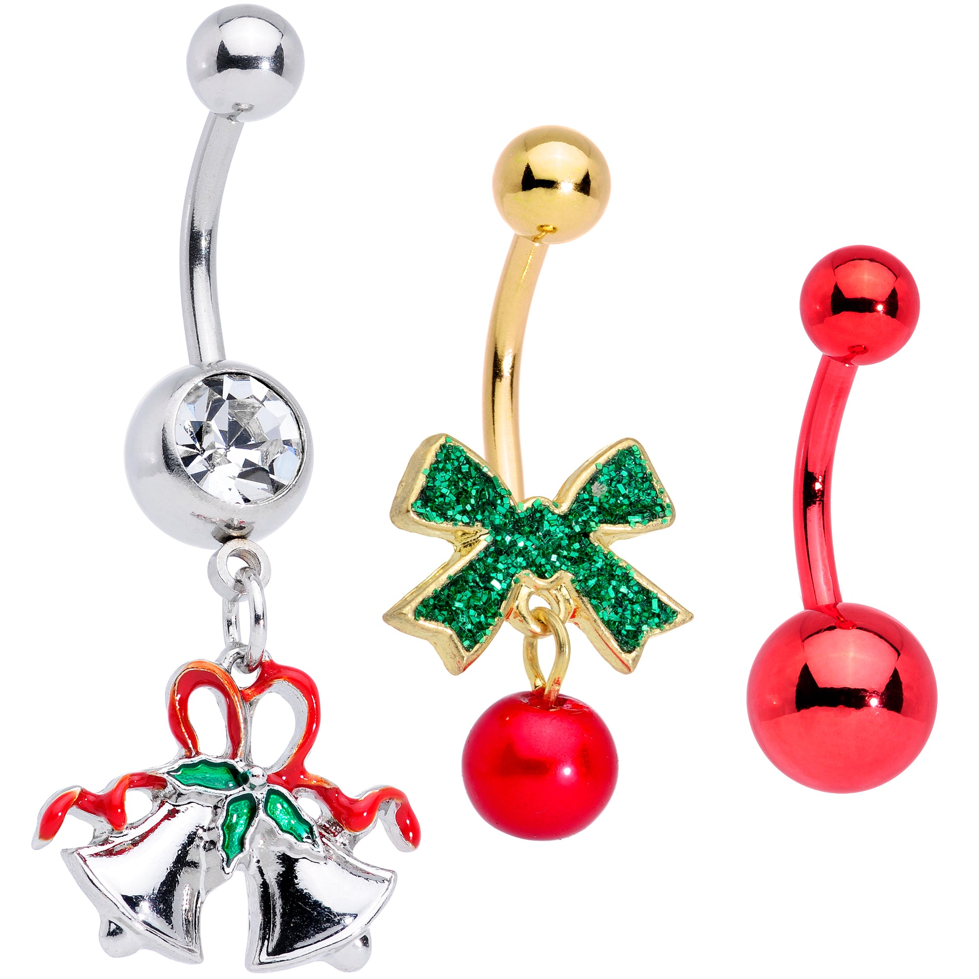 Clear Gem Gold Tone Green Bow Christmas Dangle Belly Ring Set of 3