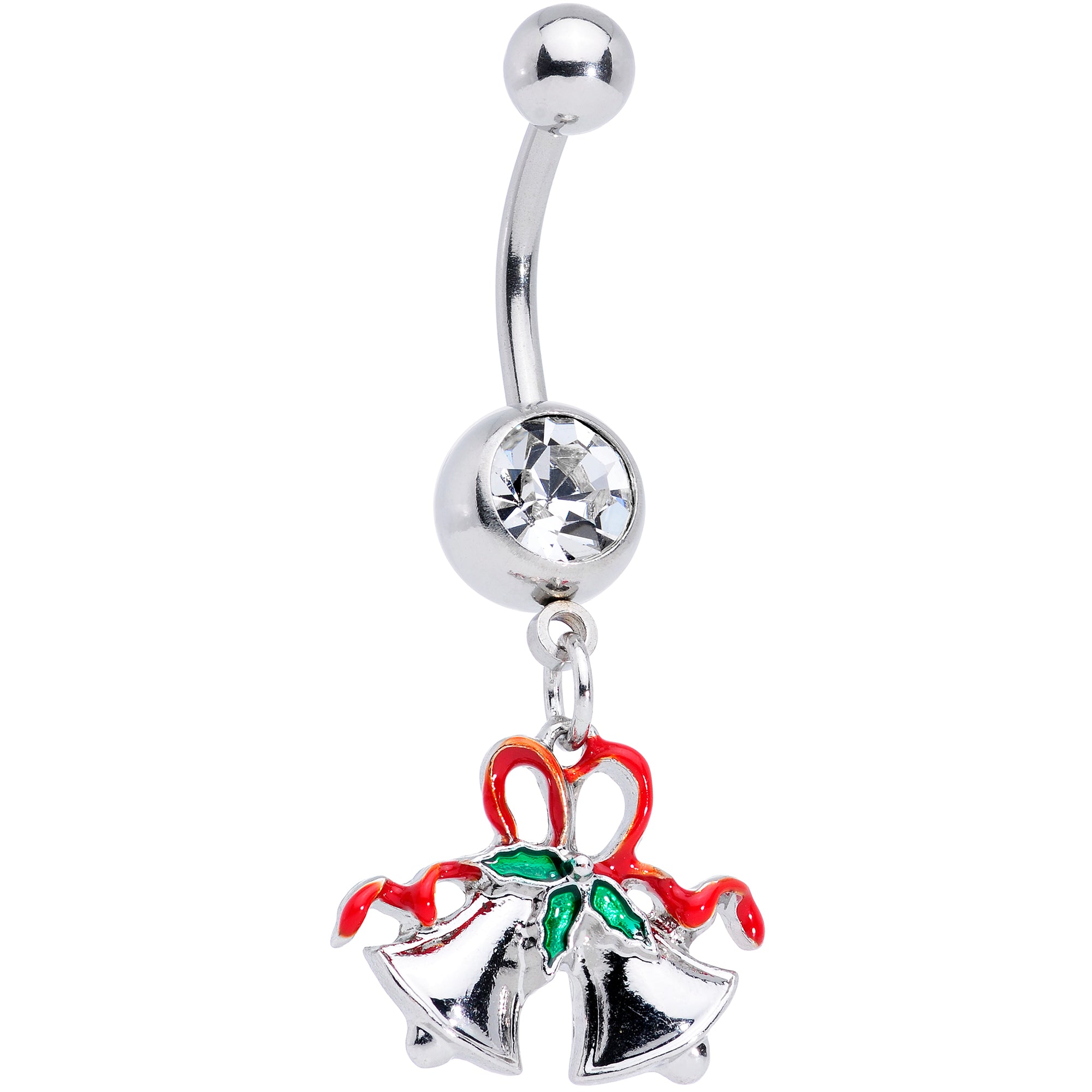 Clear Gem Gold Tone Green Bow Christmas Dangle Belly Ring Set of 3