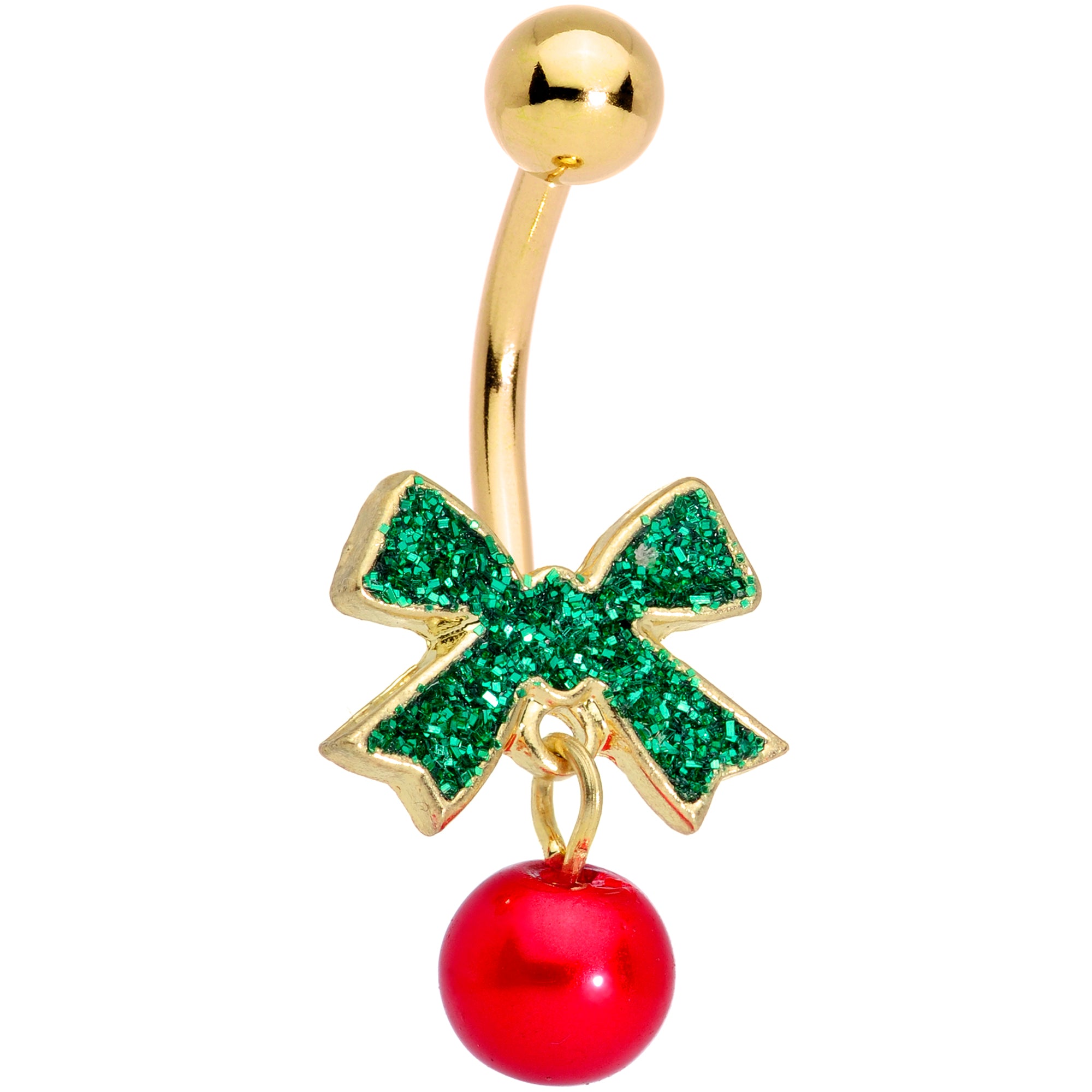 Clear Gem Gold Tone Green Bow Christmas Dangle Belly Ring Set of 3