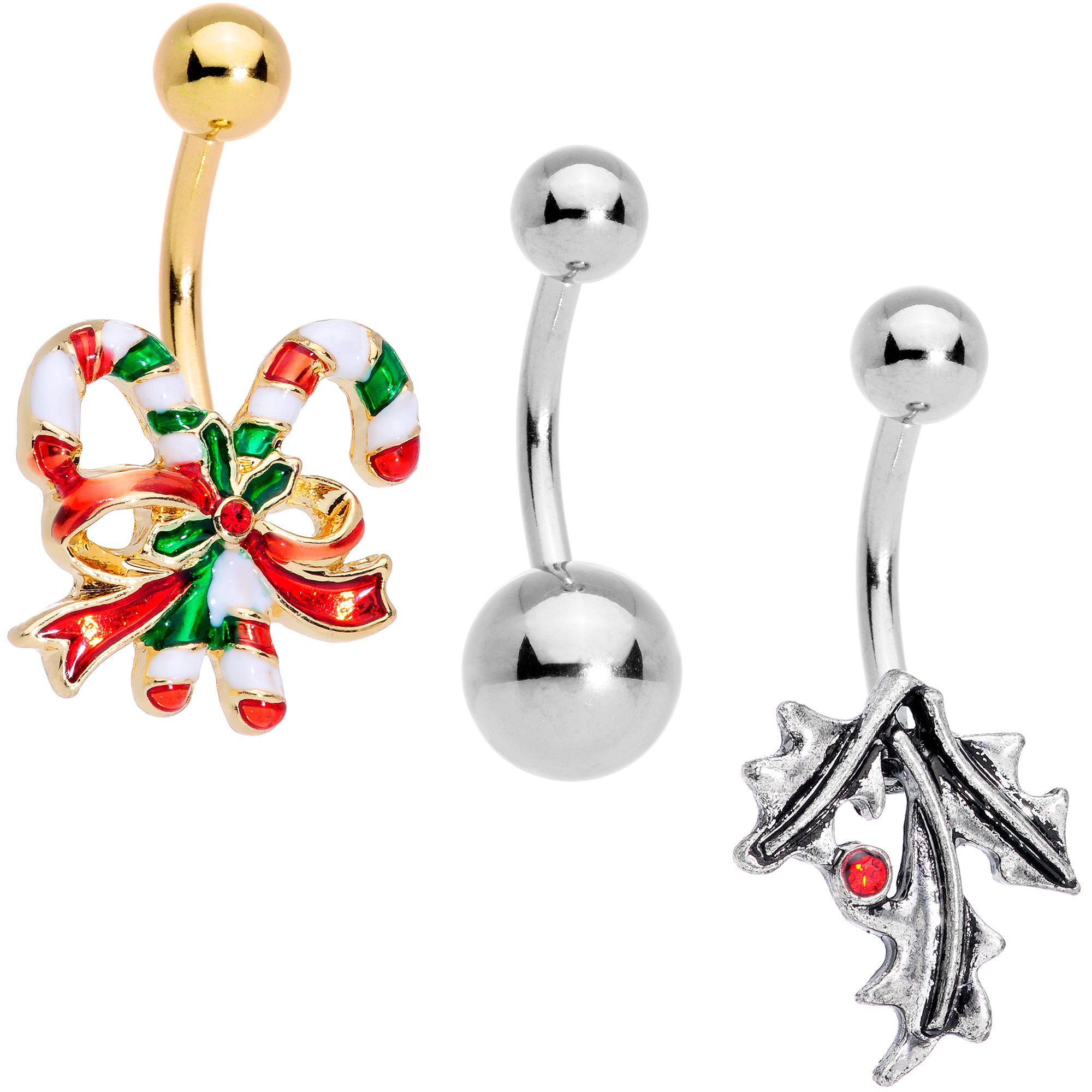 Red Gem Gold Tone Holly Berry Candy Cane Christmas Dangle Belly Ring Set of 3