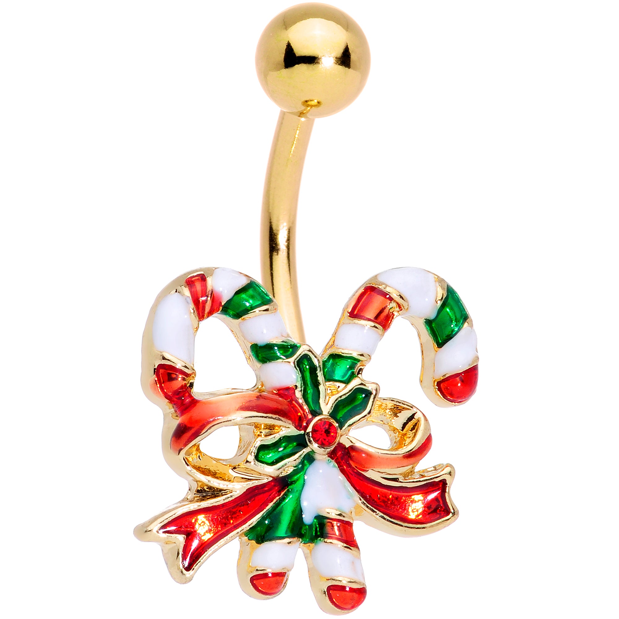 Red Gem Gold Tone Holly Berry Candy Cane Christmas Dangle Belly Ring Set of 3