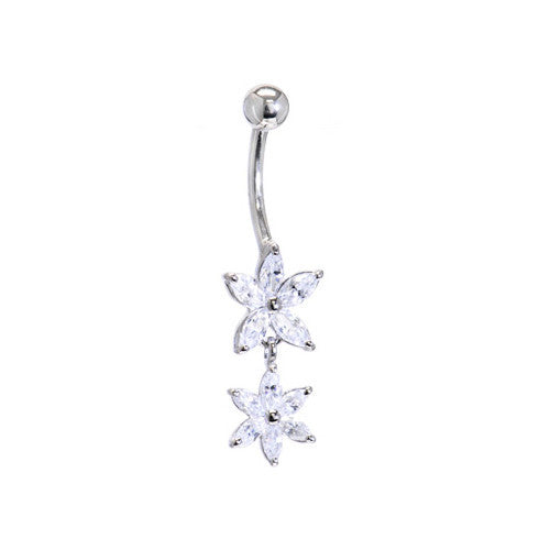 16 Gauge Solid 14KT White Gold Cubic Zirconia DUAL LILY Dangle Belly Ring