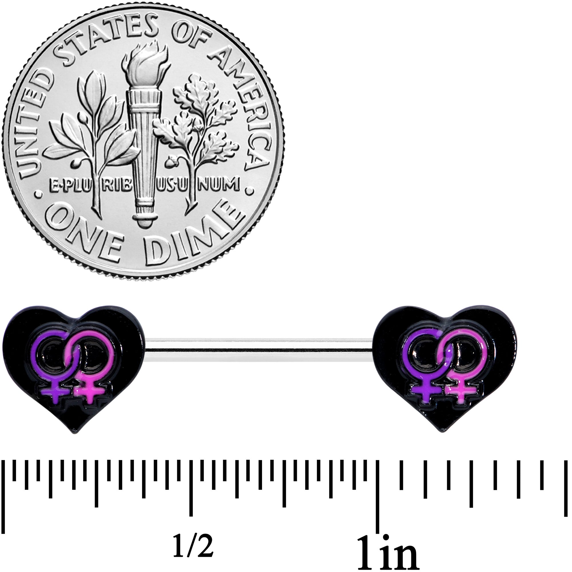 14 Gauge 9/16 Lesbian Love Heart Barbell Nipple Ring Set