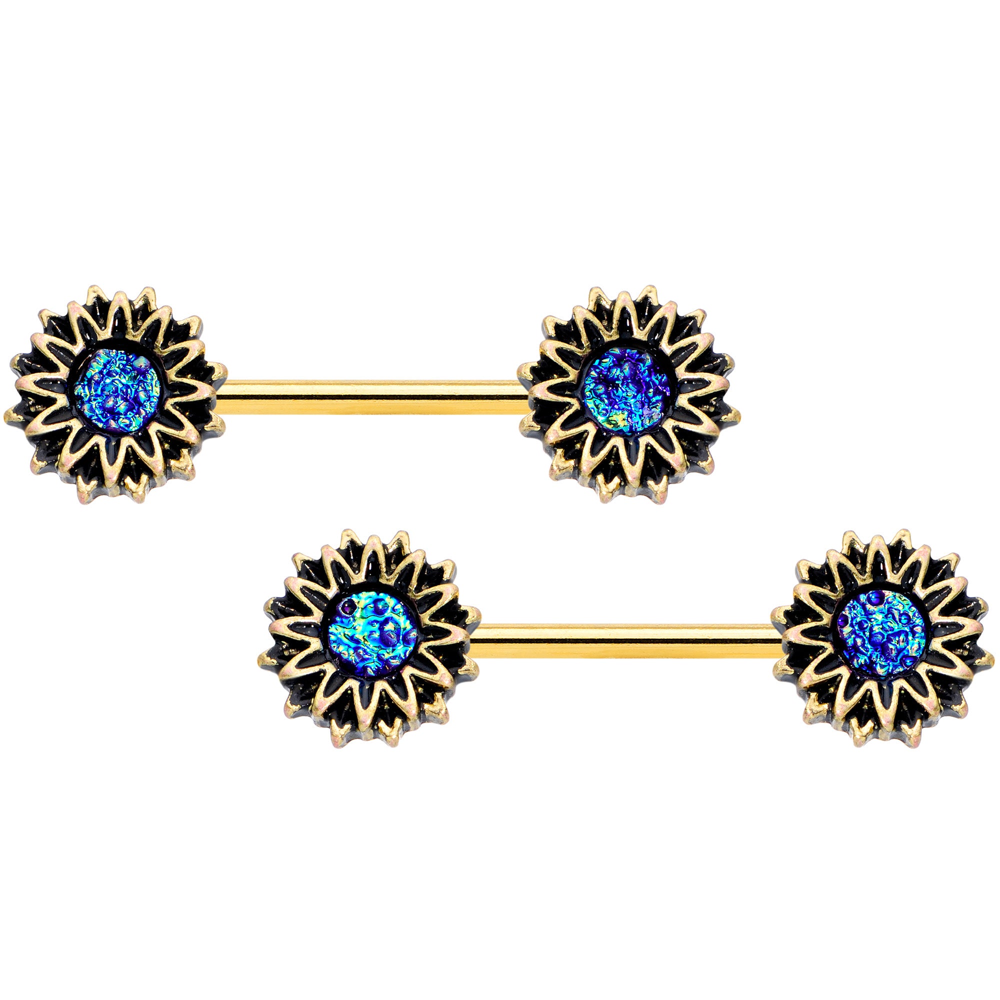 14 Gauge 9/16 Gold Tone Aqua Center Sunburst Barbell Nipple Ring Set