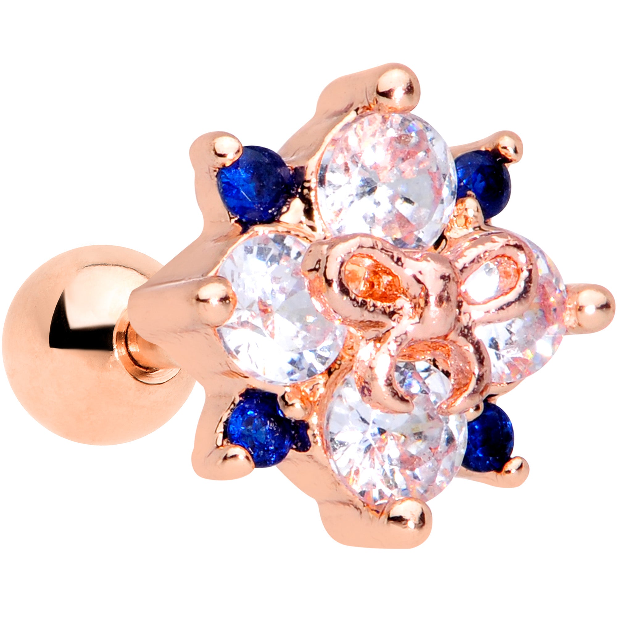 16 Gauge 1/4 Clear CZ Gem Rose Gold Tone Bow Star Cartilage Tragus