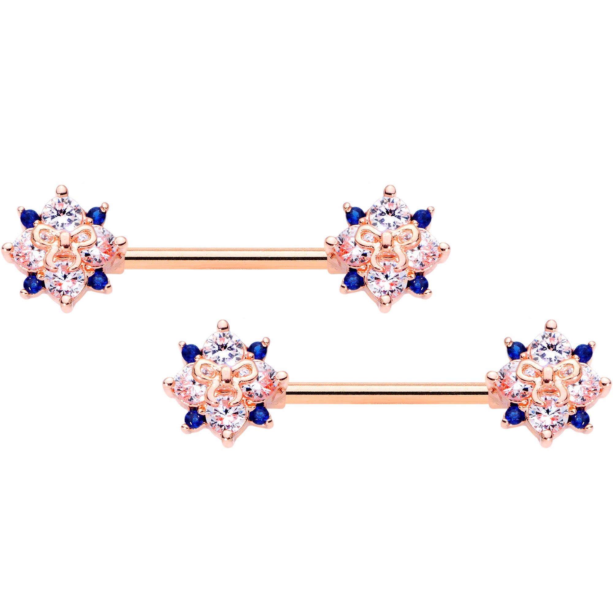 14 Gauge 9/16 Clear CZ Gem Rose Gold Tone Bow Star Barbell Nipple Set