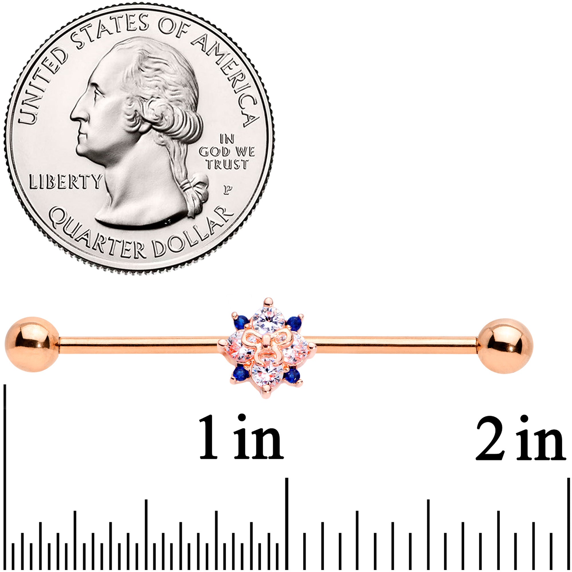 14 Gauge Clear CZ Gem Rose Gold Tone Bow Star Industrial Barbell 38mm