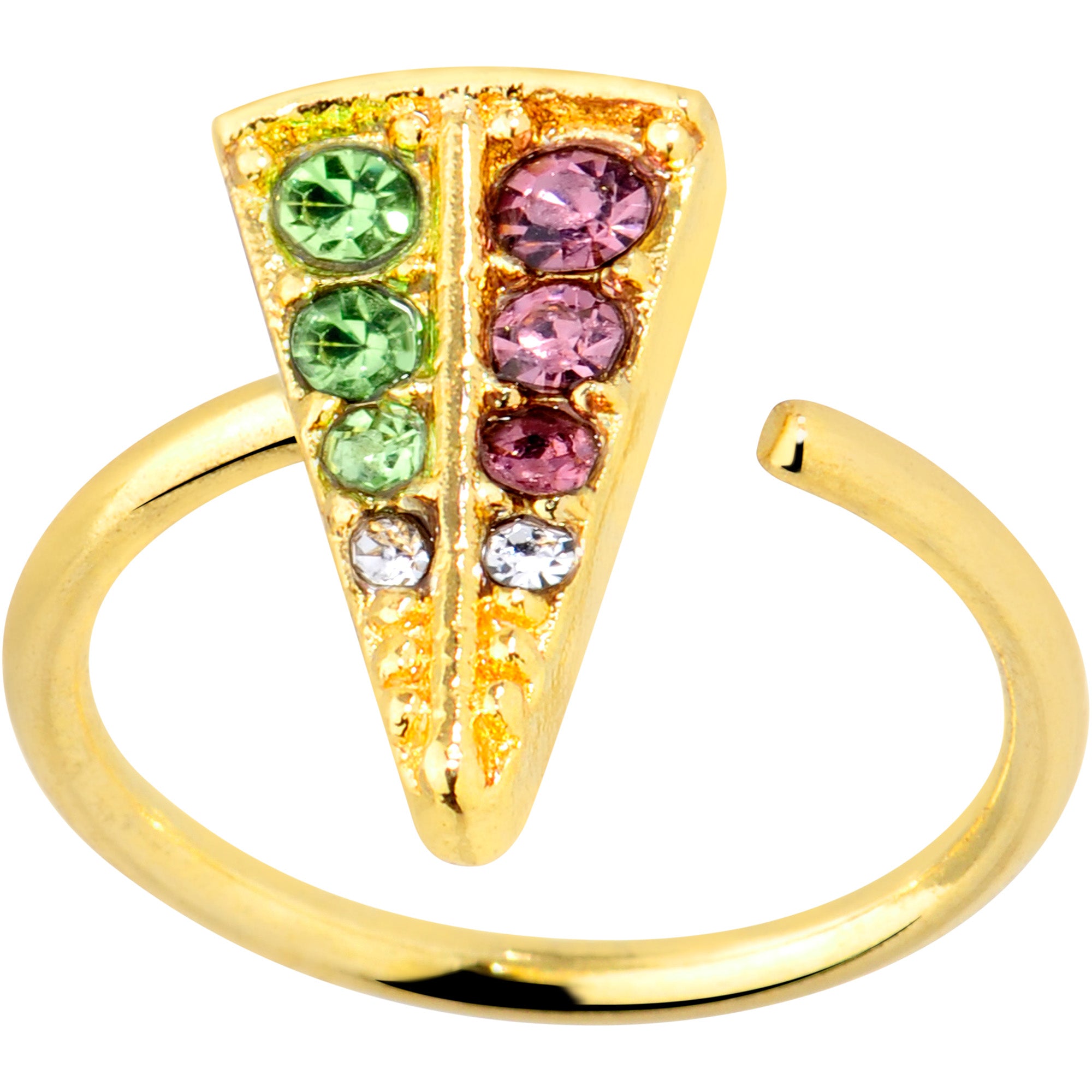 18 Gauge 3/8 Pink Green Gem Gold Tone Triangle Nose Hoop